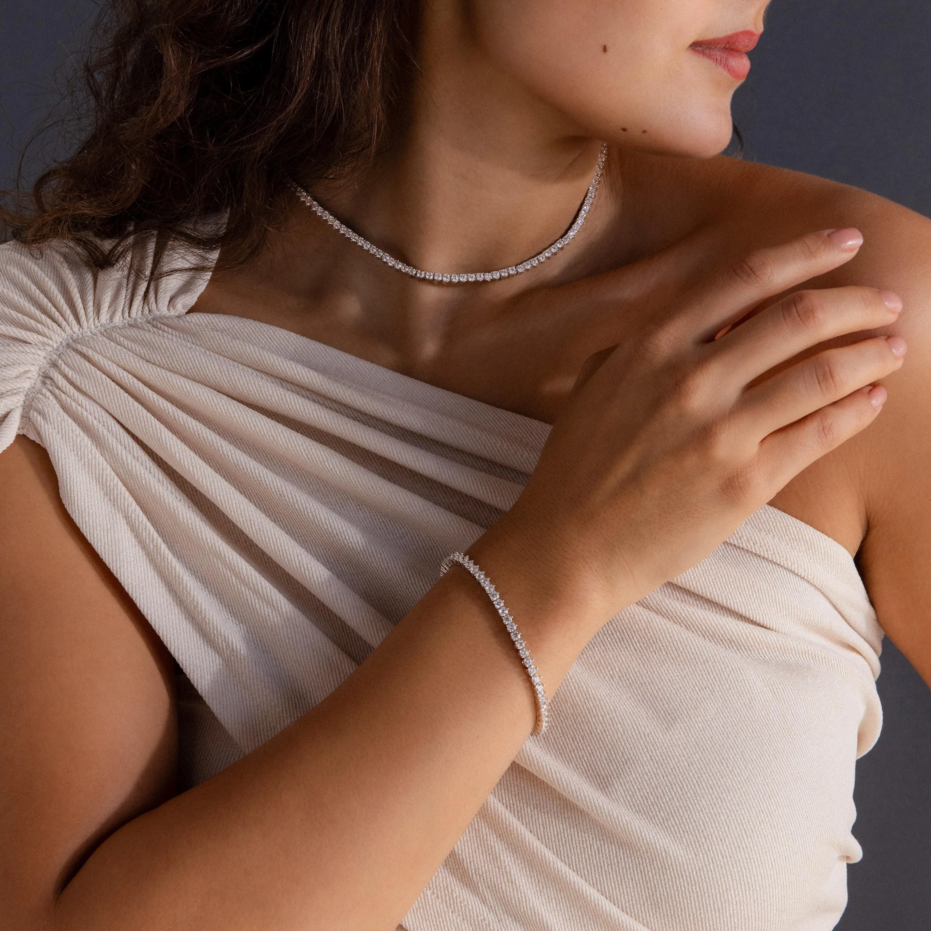 3-Prong Diamond Tennis Necklace & Bracelet Set in Silver - Image 2