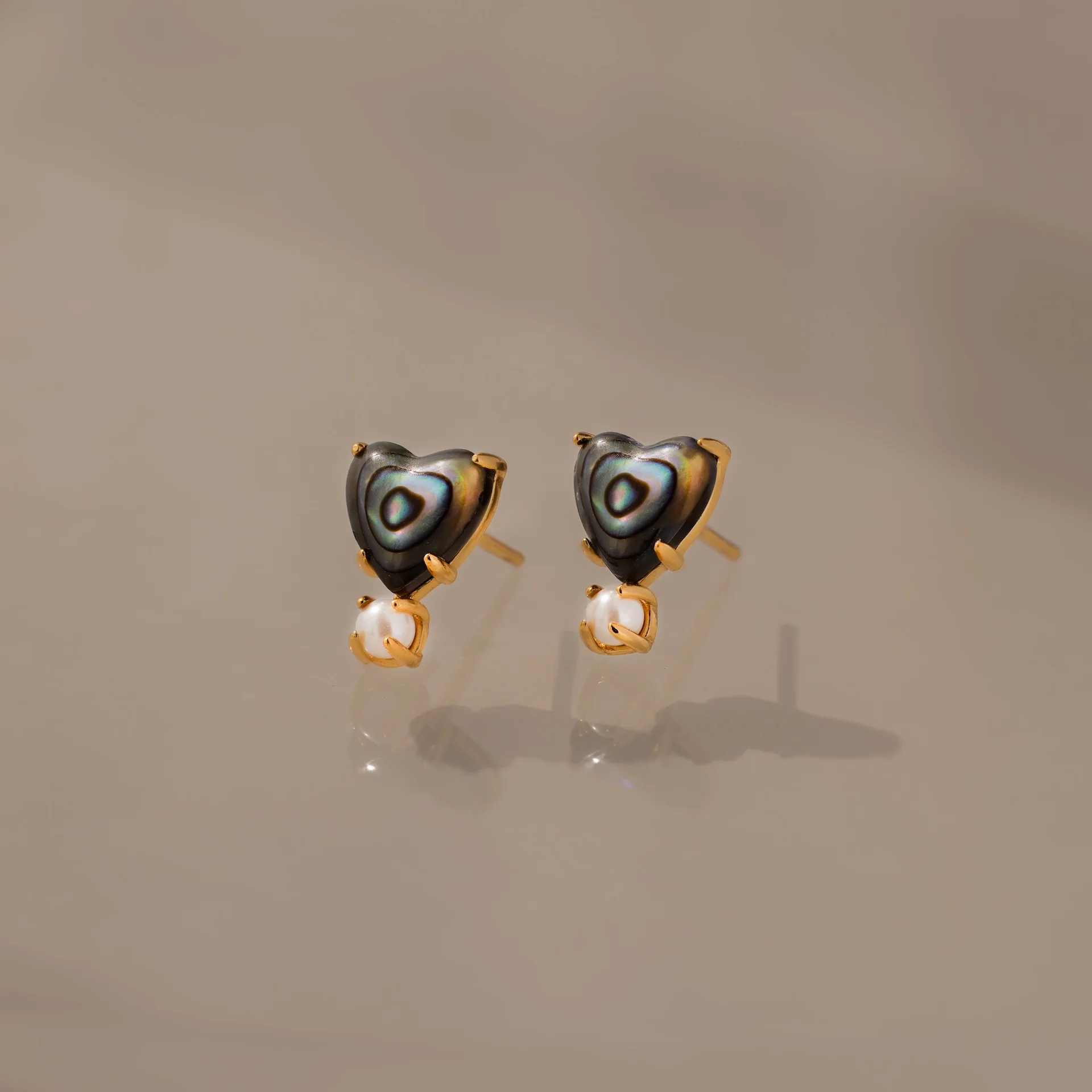 Abalone Pearl Heart Studs in 18K Gold