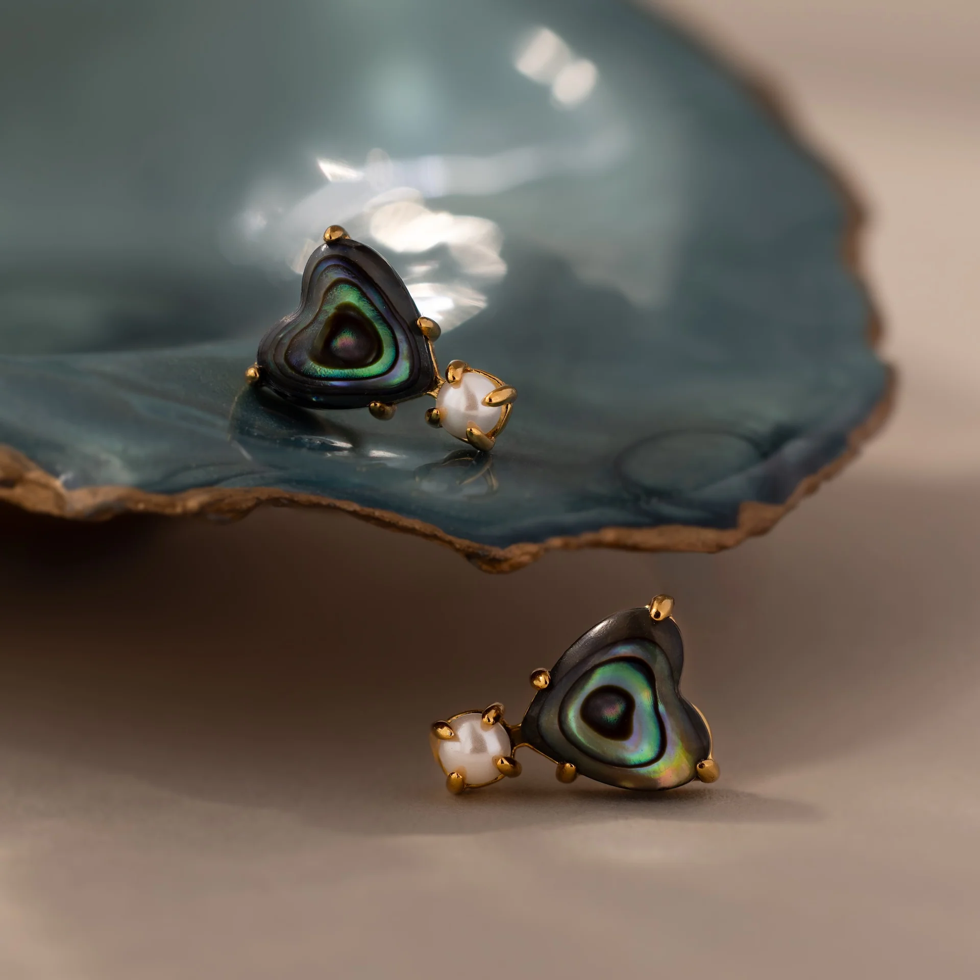 Abalone Pearl Heart Studs in 18K Gold - Image 5