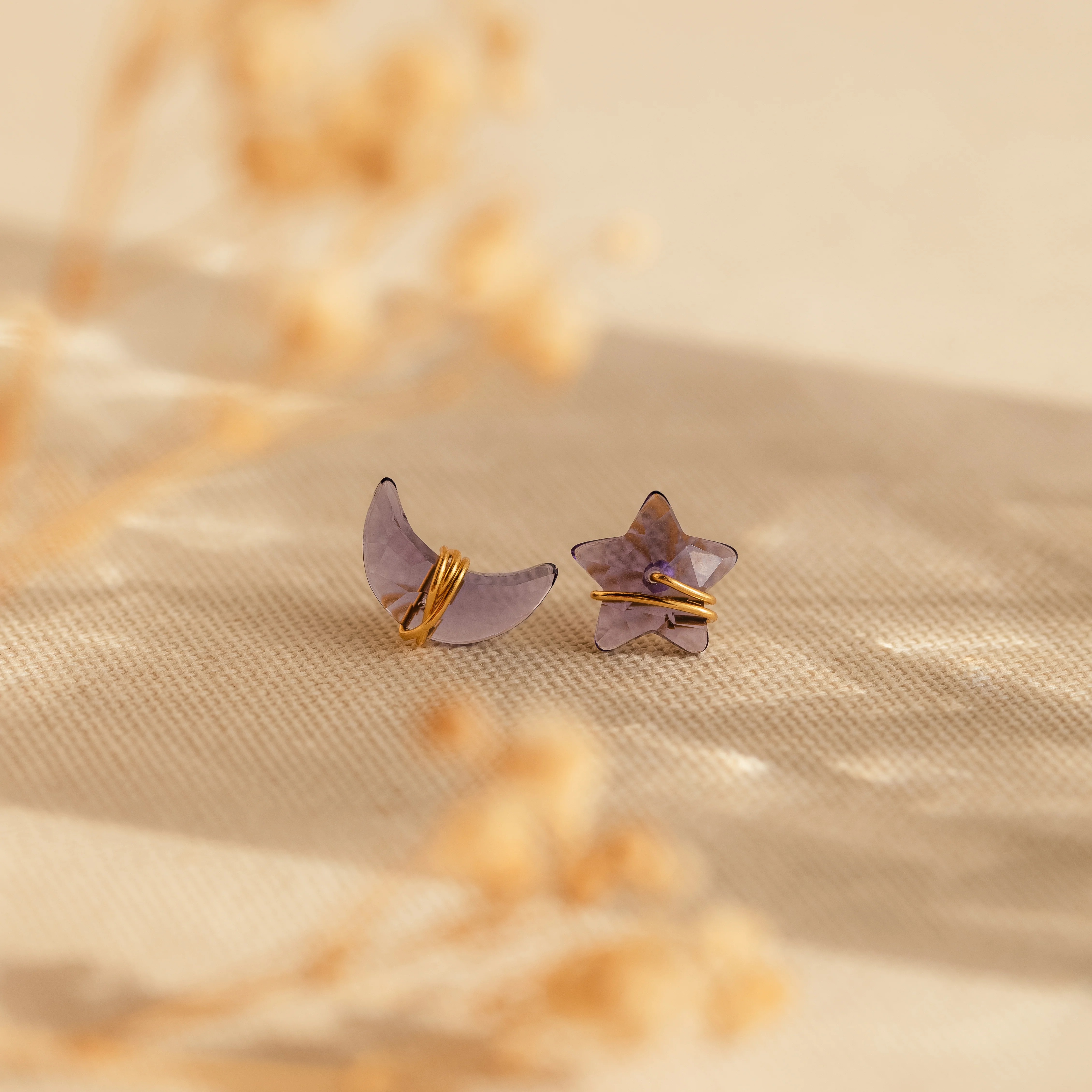 Amethyst Moon & Star Studs in 18K Gold - Image 4