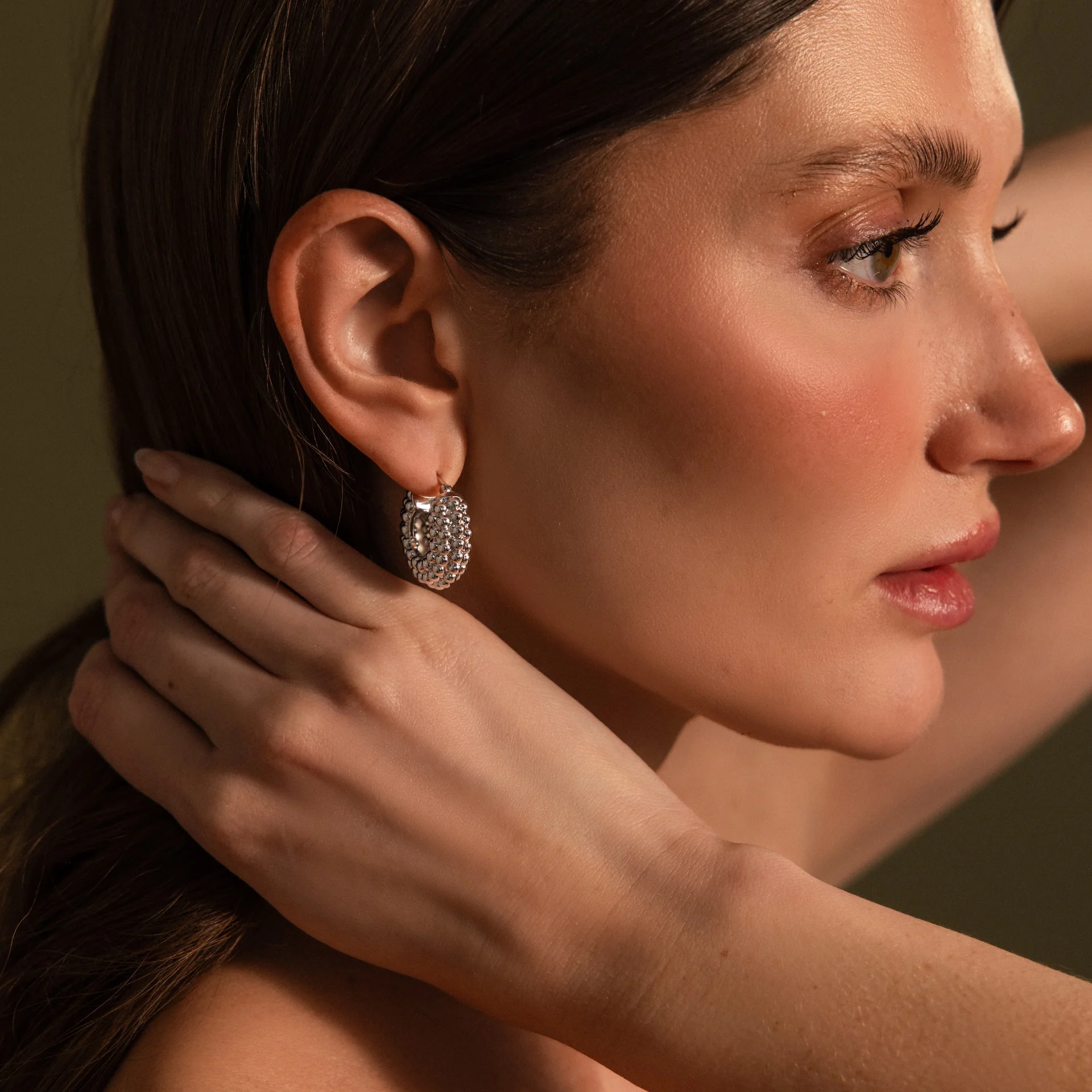 Beaded Dome Hoops in Silver - Image 4