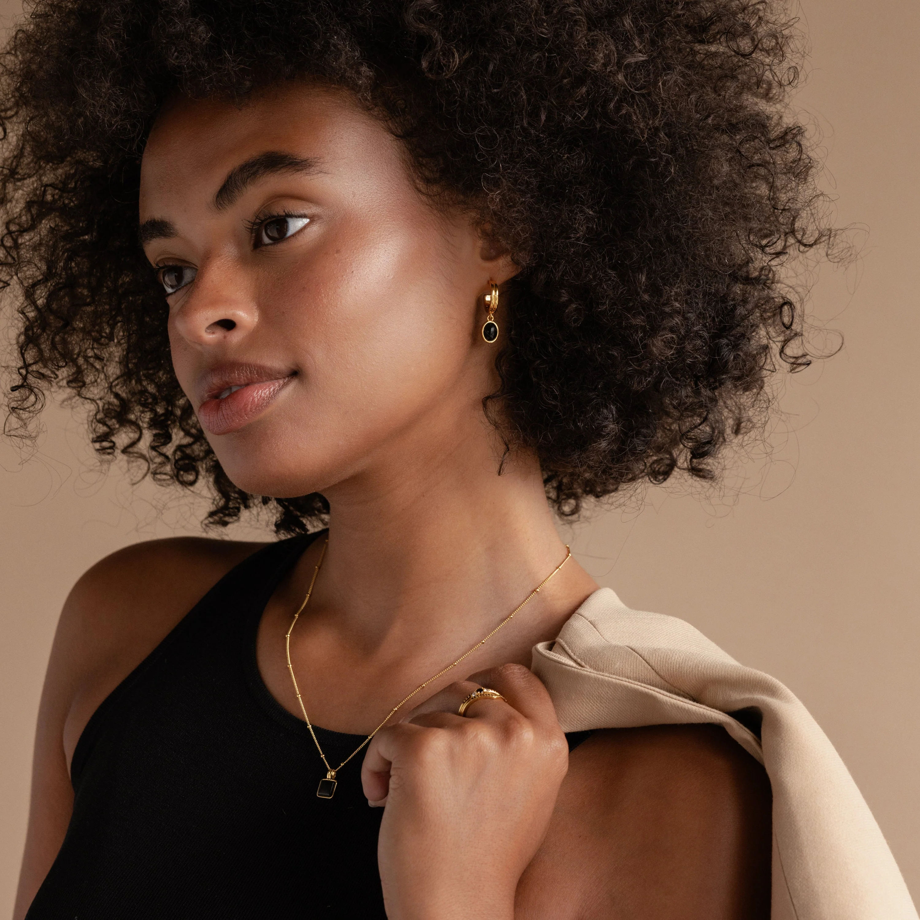 Black Gemstone Drop Hoops - Image 6