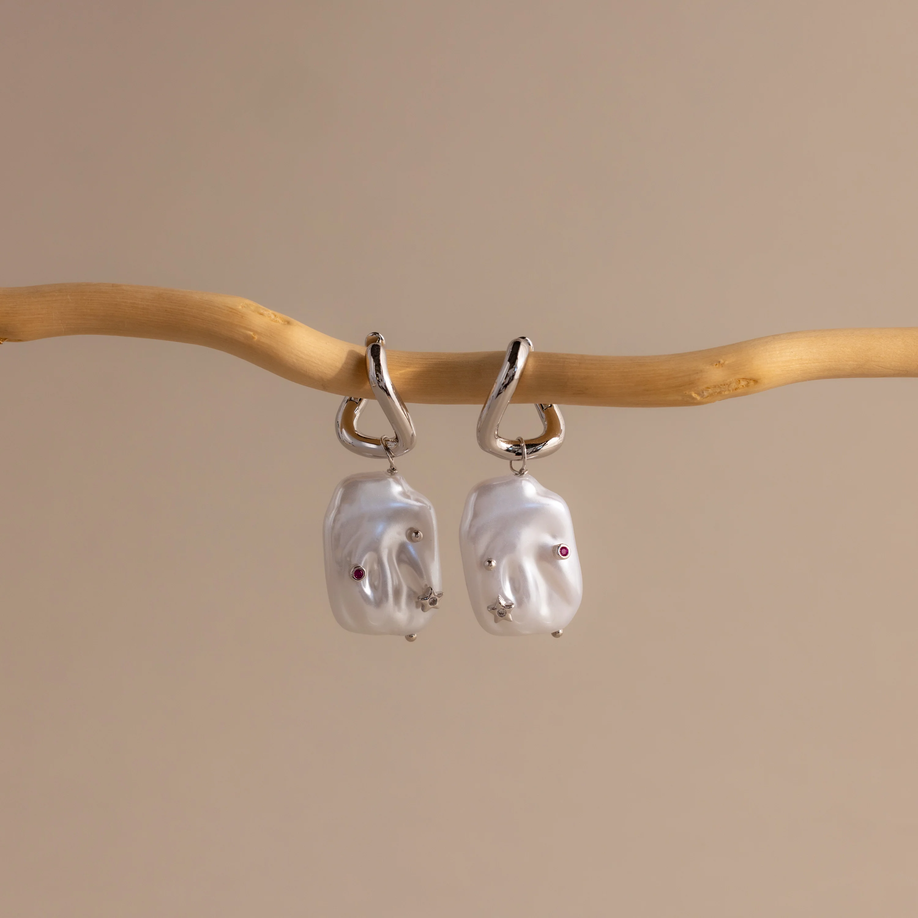 Celestial Baroque Pearl Charm Hoops in Silver - Image 3