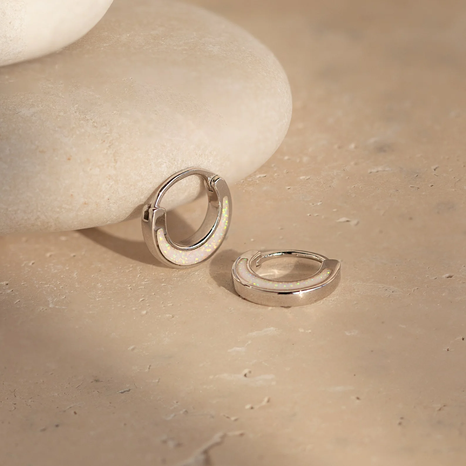 Crescent Moon Opal Huggies - Image 4