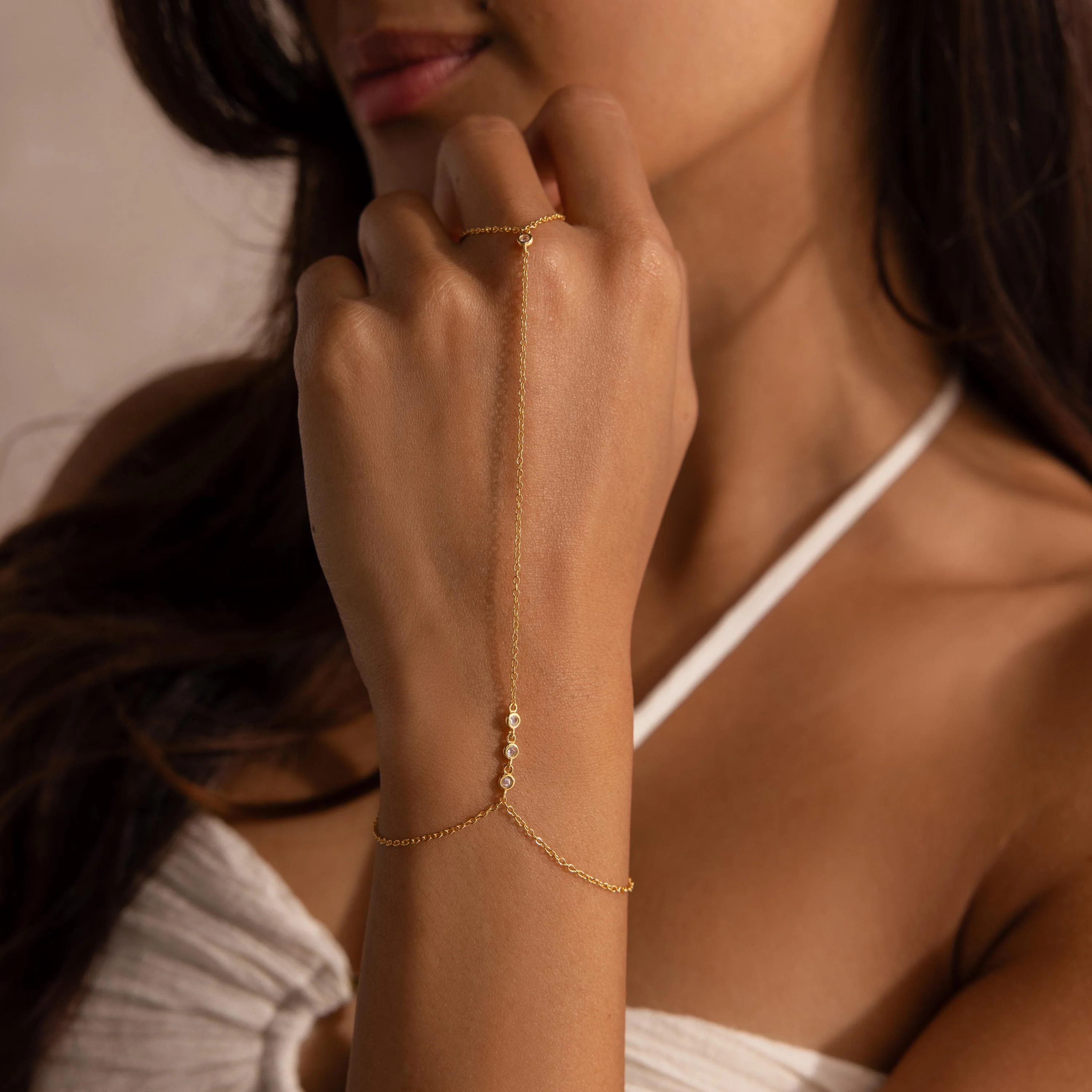 Dainty Diamond Hand Chain Bracelet in 18K Gold - Image 4