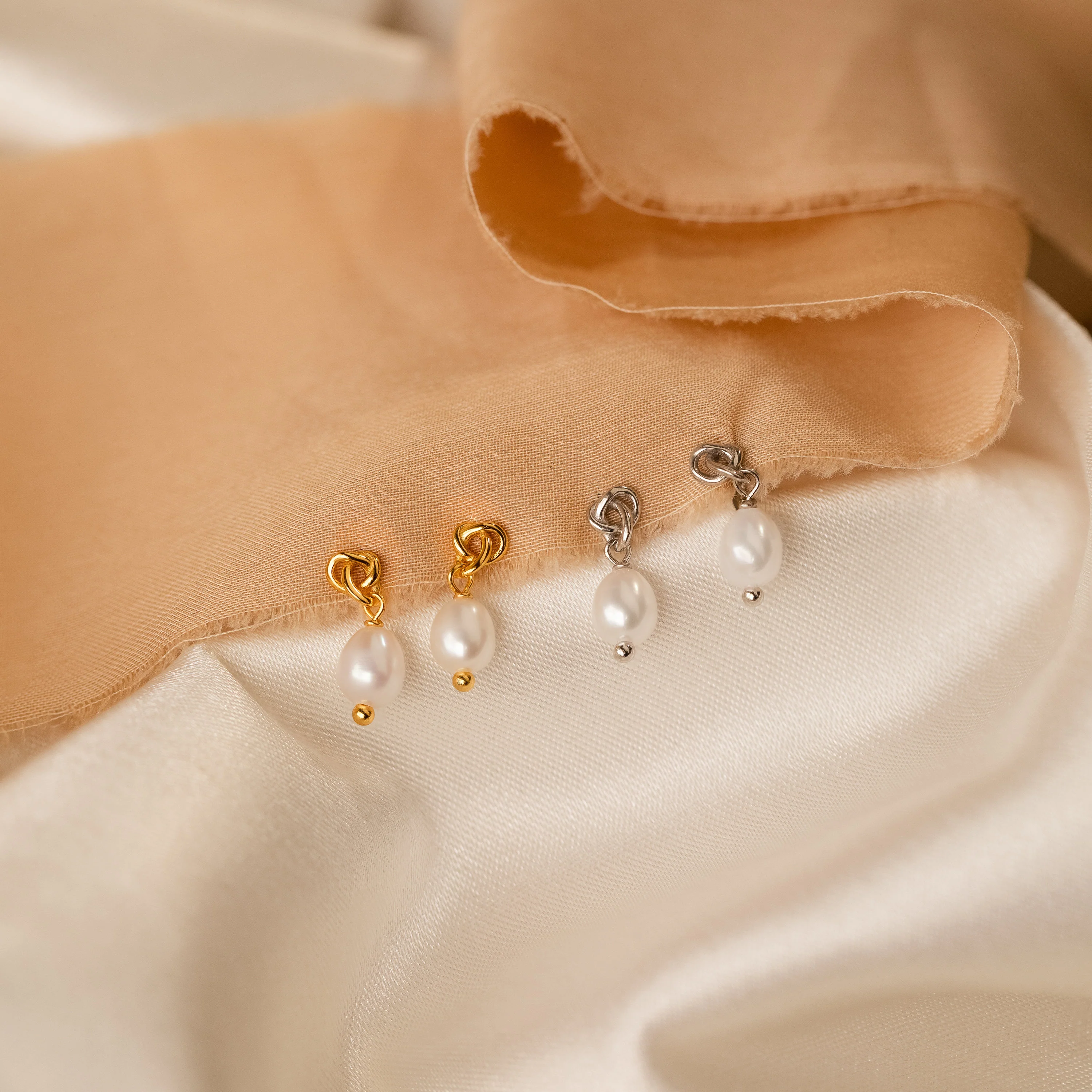 Dainty Knot Pearl Earrings in 18K Gold - Image 3