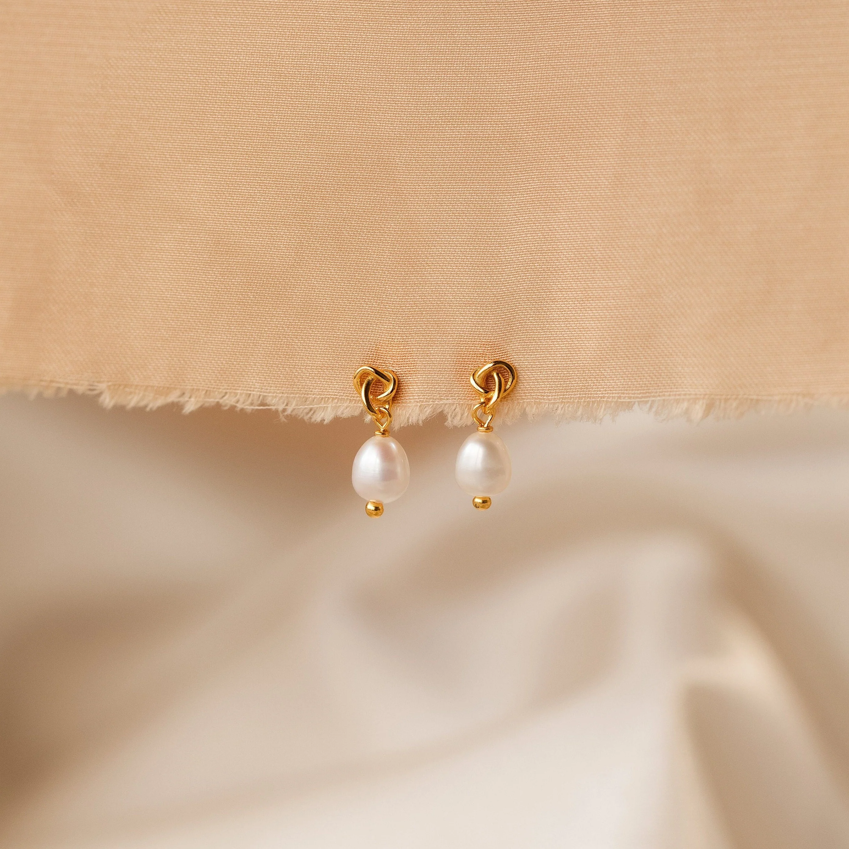 Dainty Knot Pearl Earrings in 18K Gold