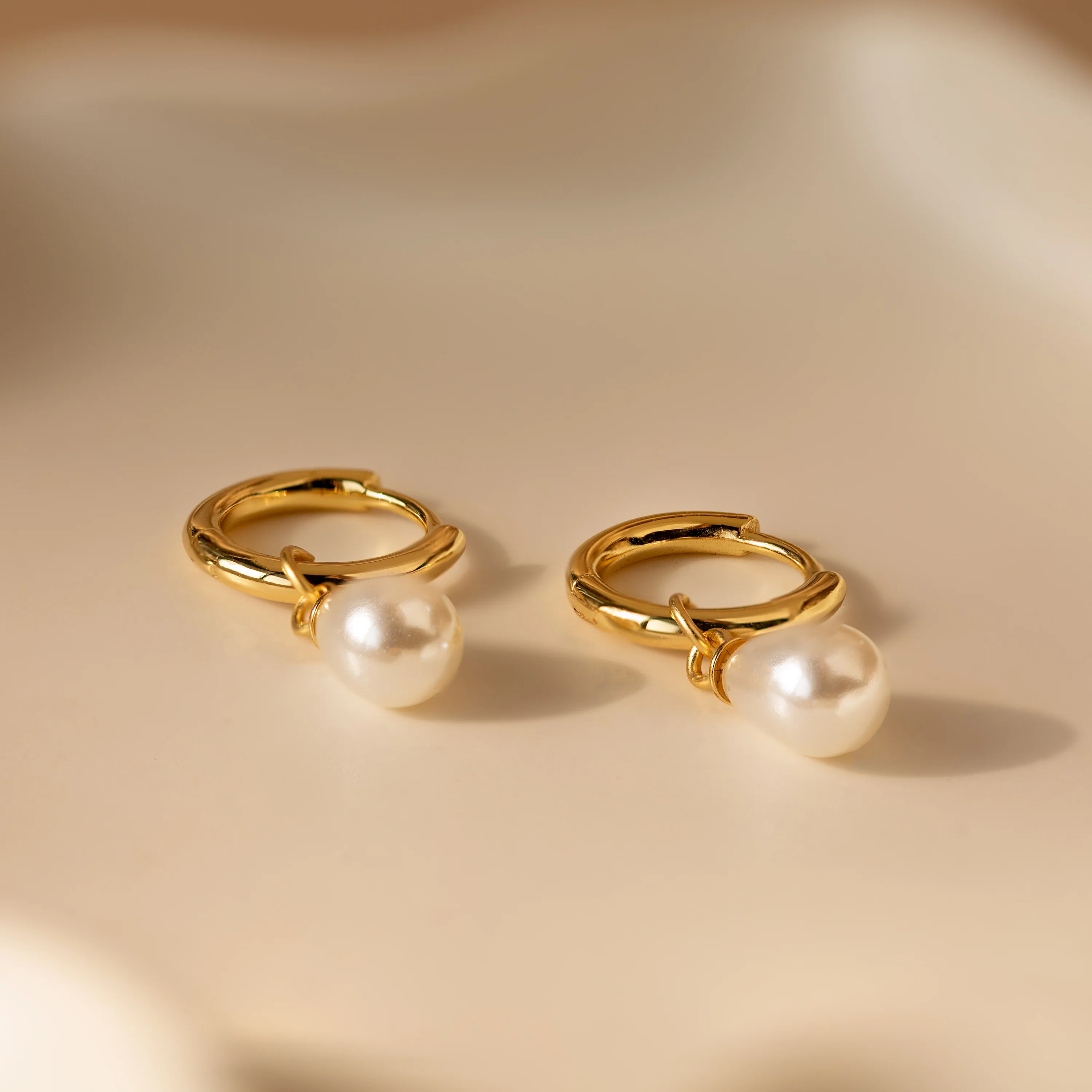 Dainty Pearl Drop Huggies in 18K Gold - Image 5