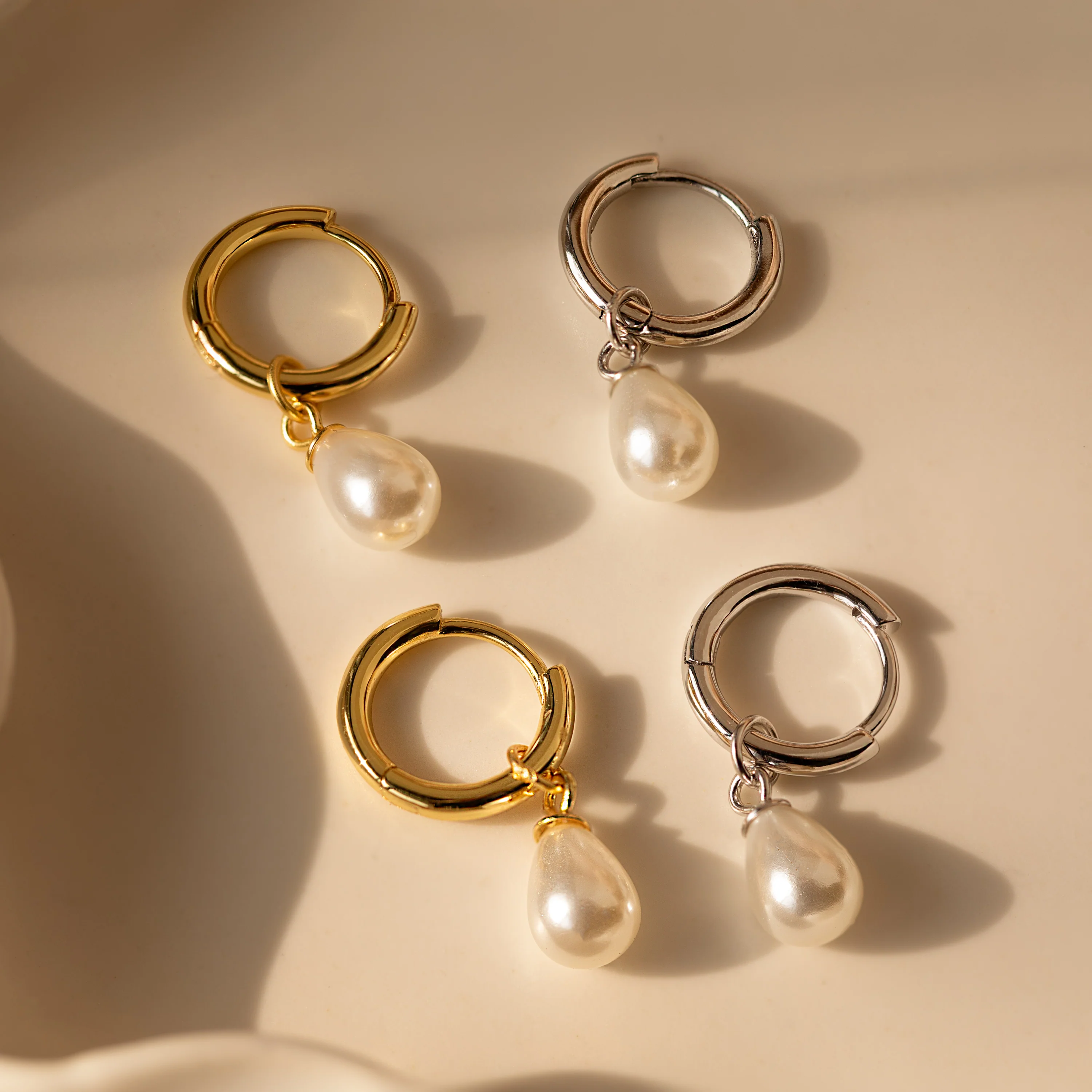 Dainty Pearl Drop Huggies in 18K Gold - Image 7