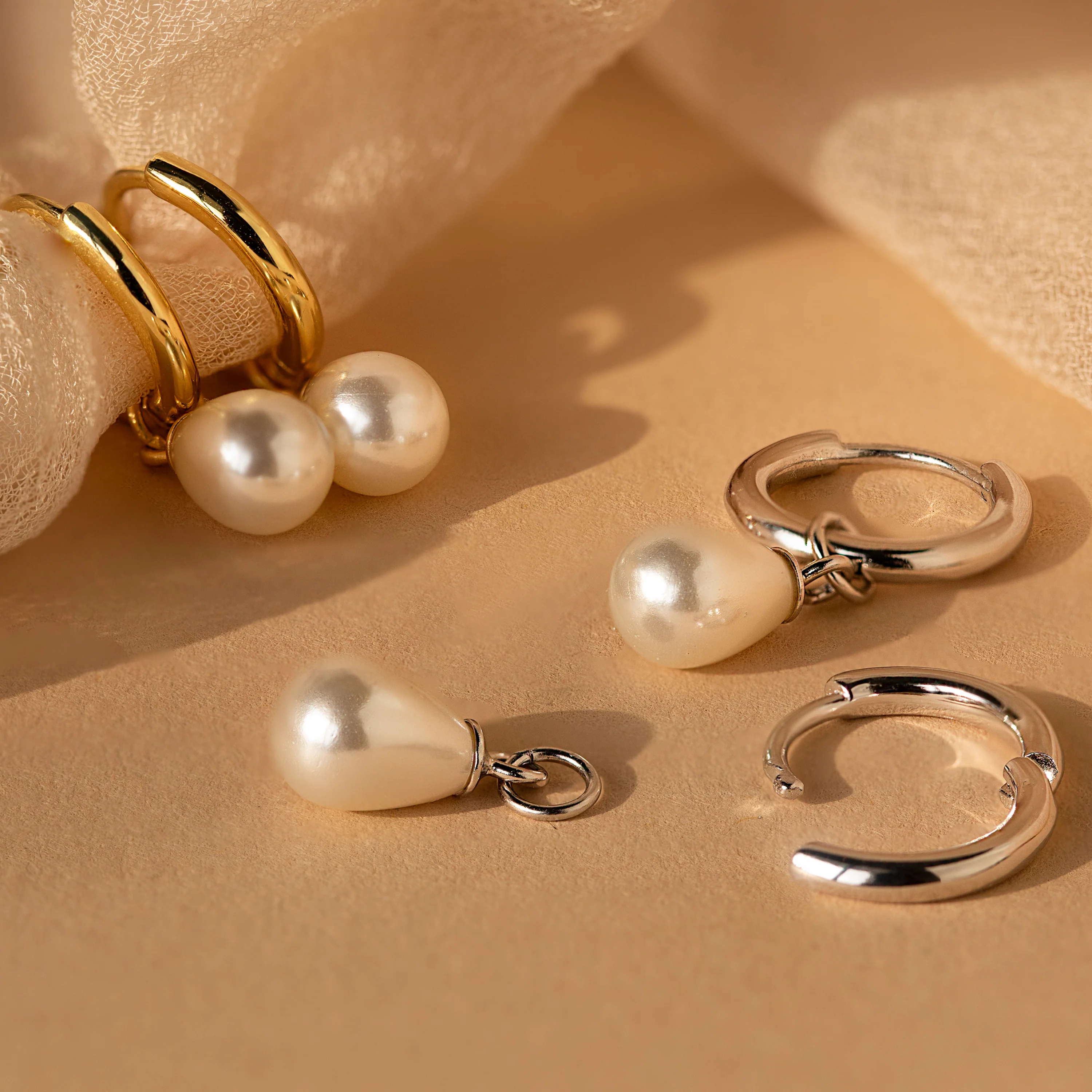 Dainty Pearl Drop Huggies in Silver - Image 5