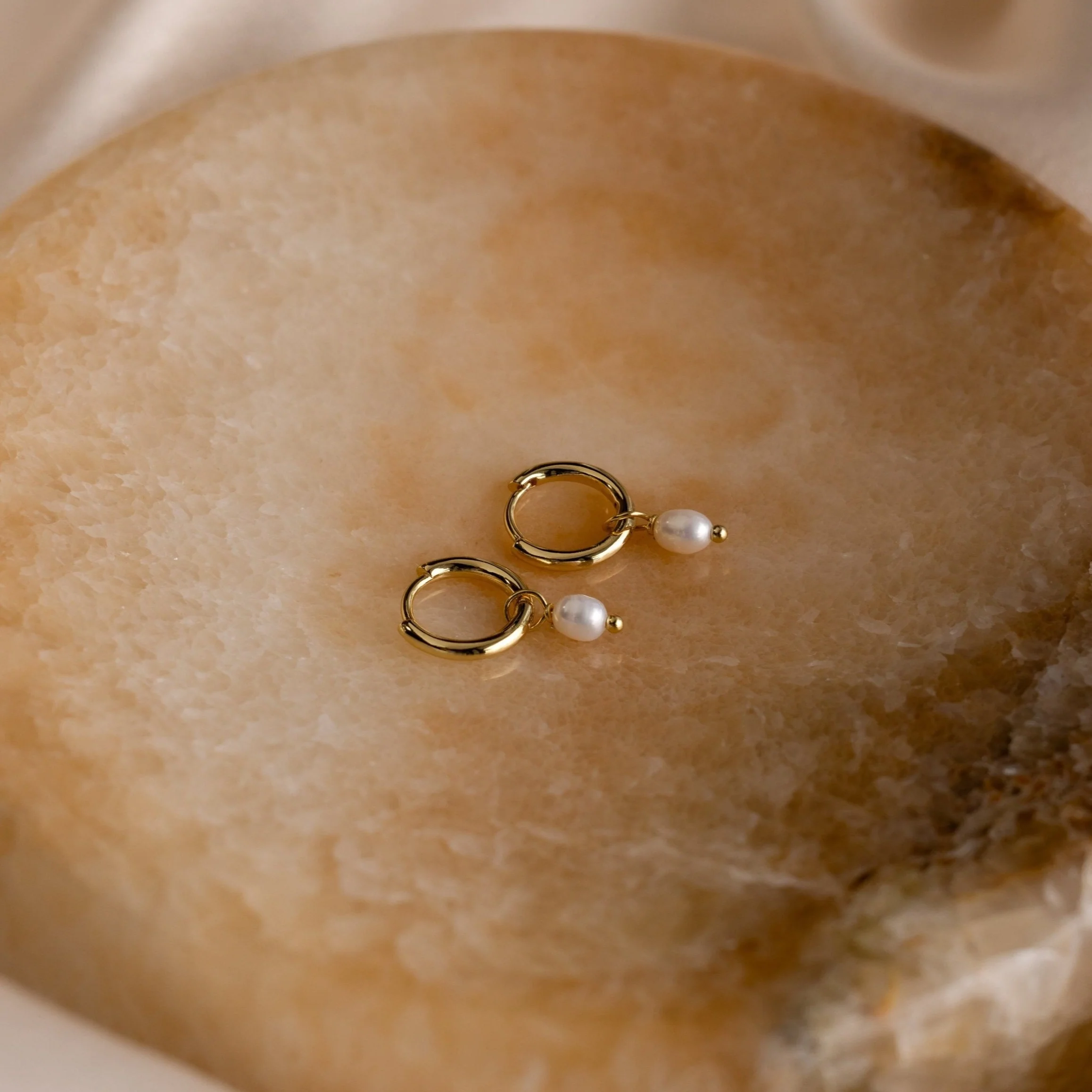 Dainty Pearl Huggies in 18K Gold - Image 3