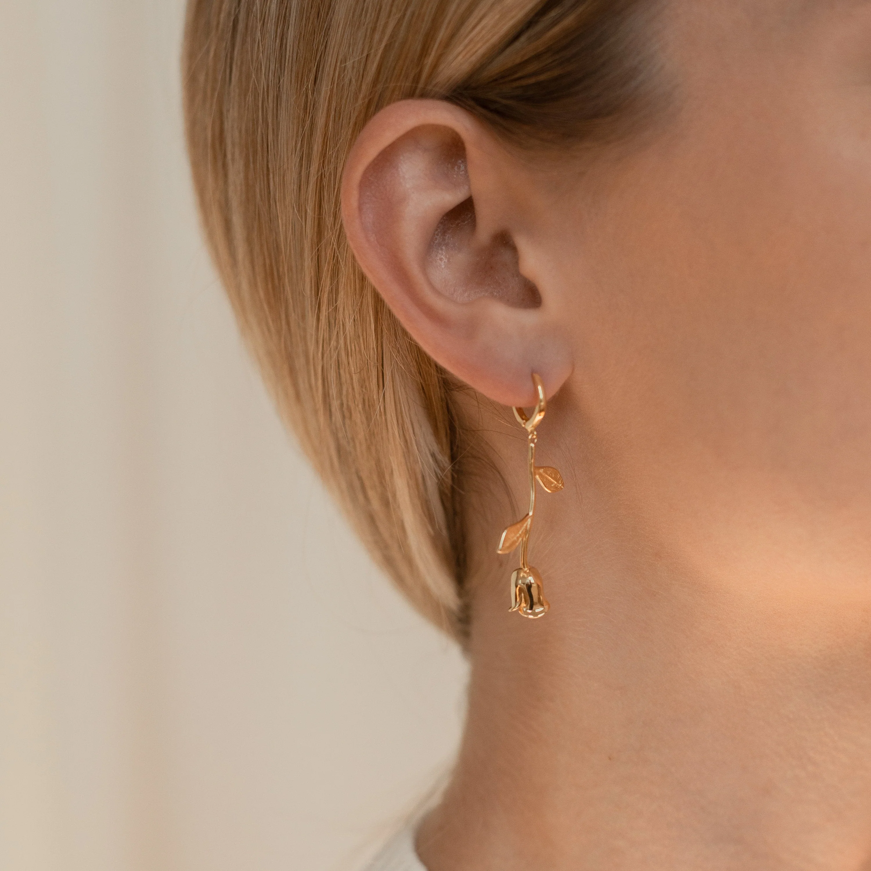 Dangling Rose Huggies in 18K Gold - Image 6