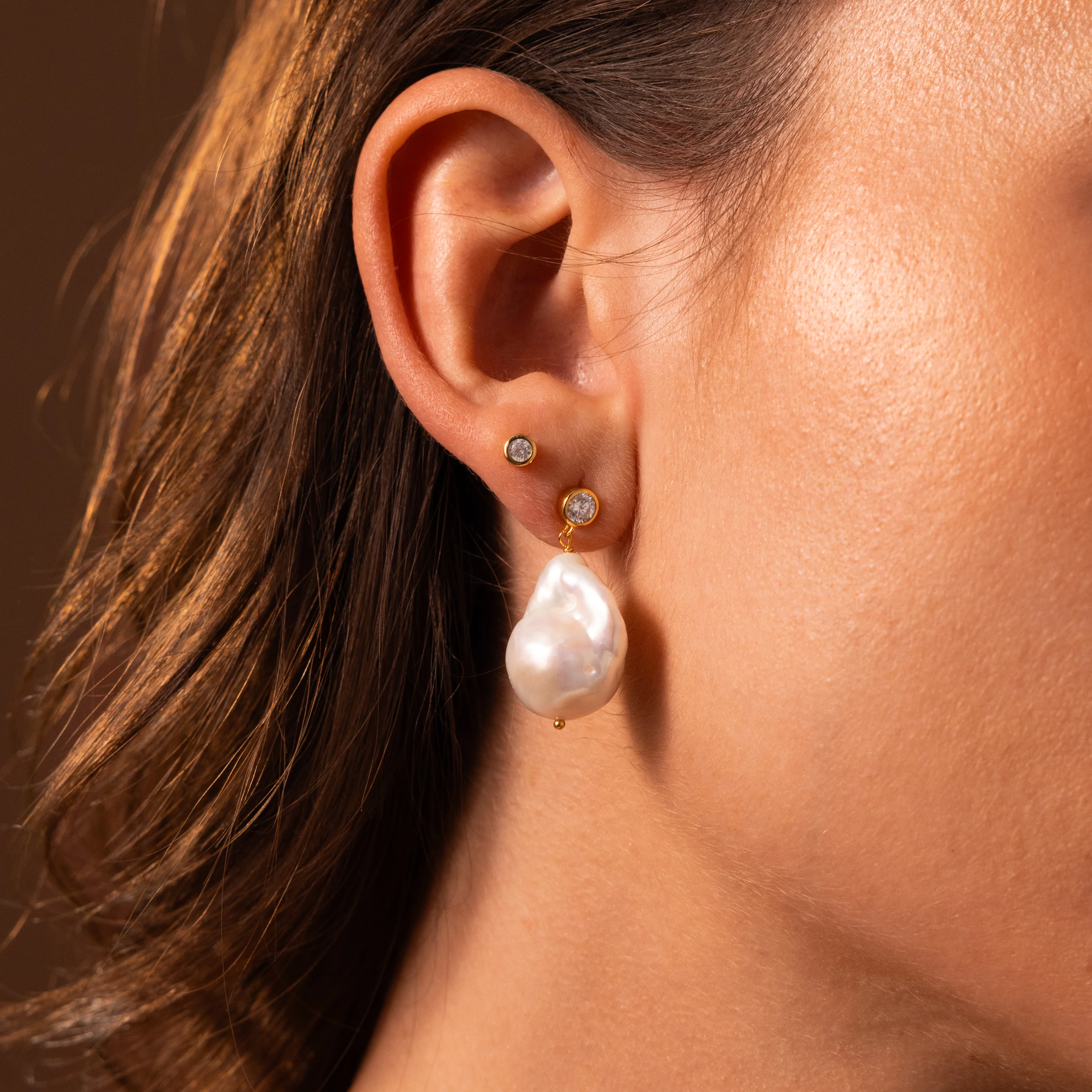 Diamond Baroque Pearl Studs in 18K Gold - Image 6