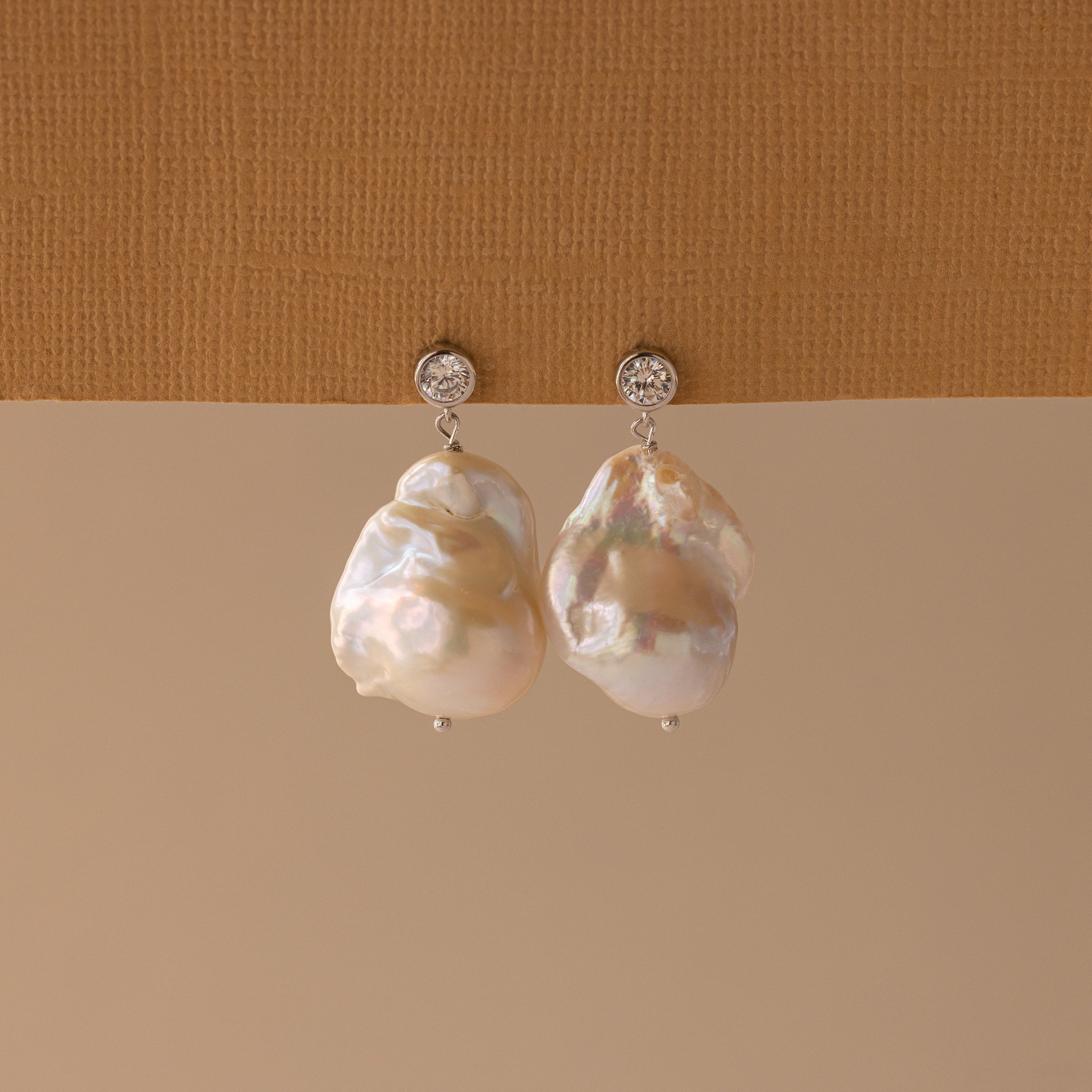 Diamond Baroque Pearl Studs in Silver