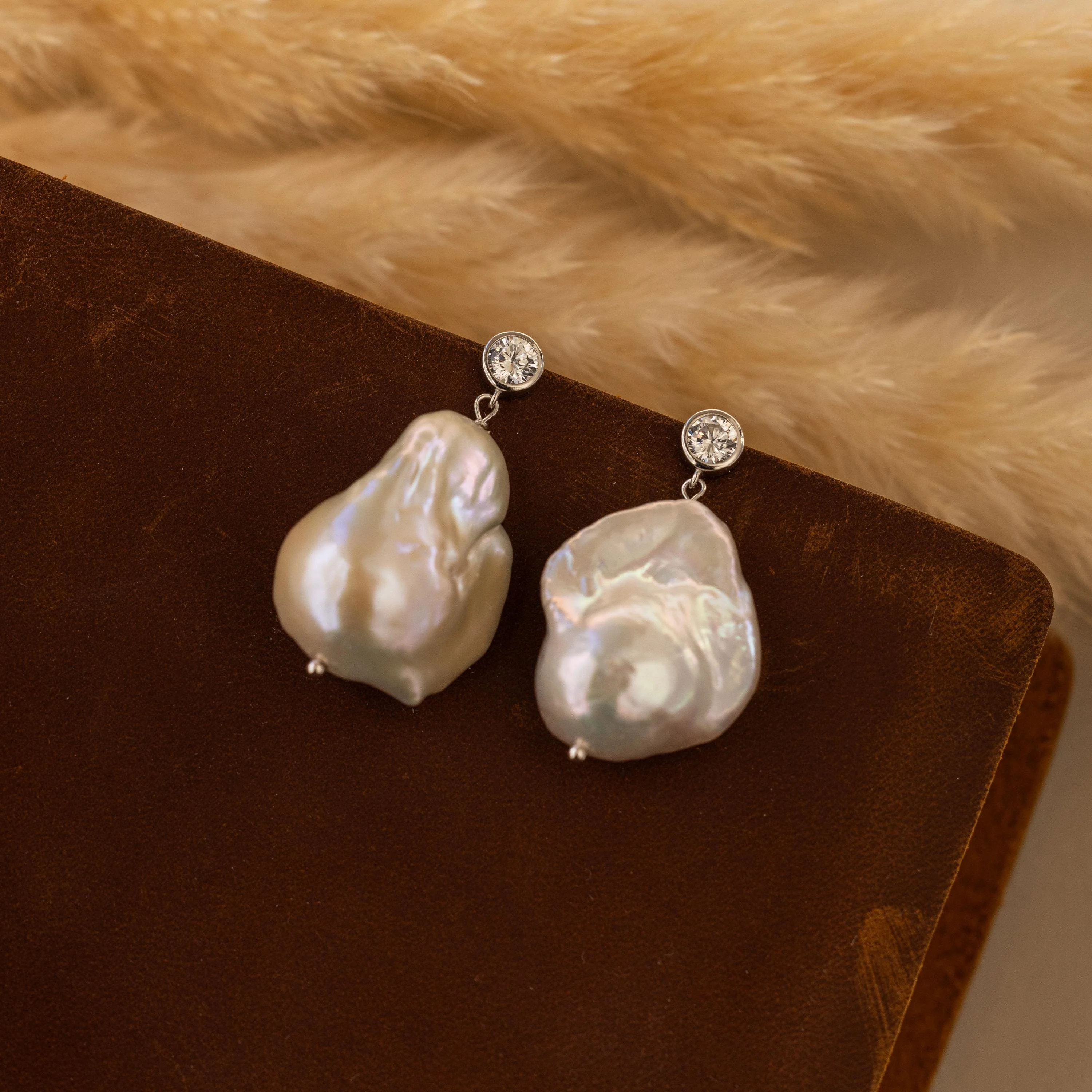 Diamond Baroque Pearl Studs in Silver - Image 3