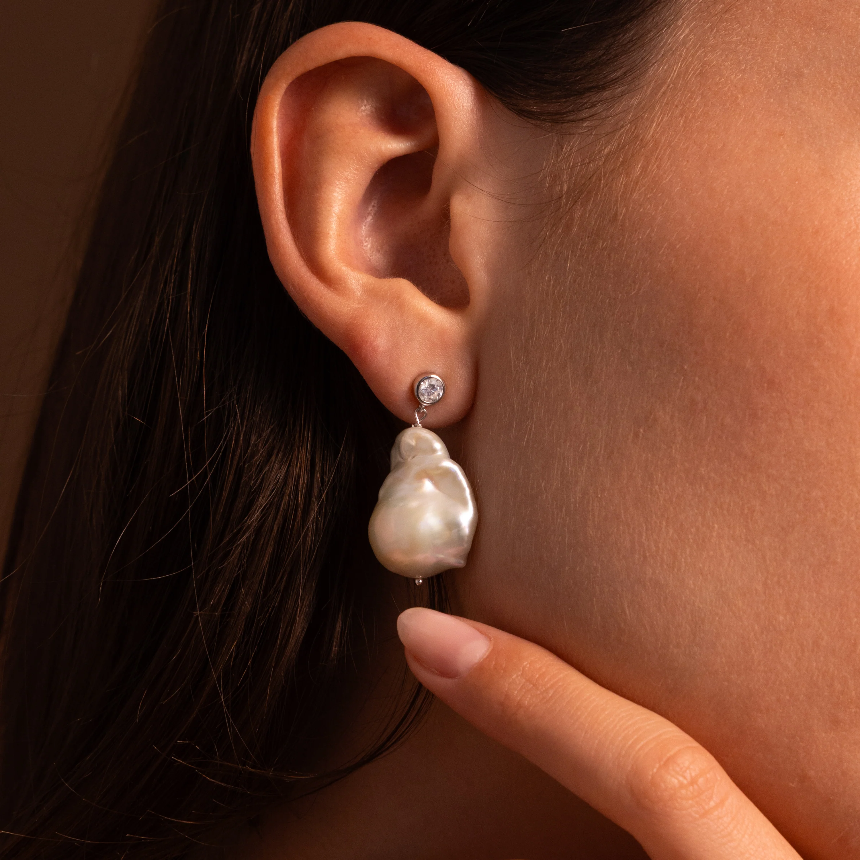 Diamond Baroque Pearl Studs in Silver - Image 2