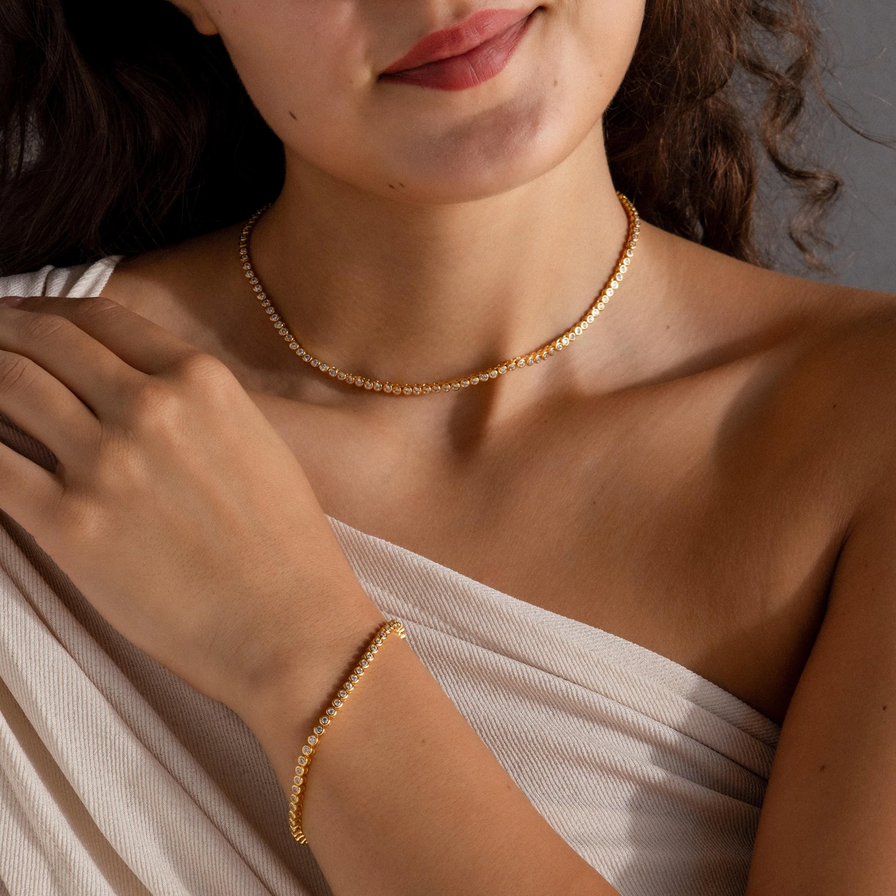 Diamond Bezel Tennis Necklace & Bracelet Set in 18K Gold - Image 2