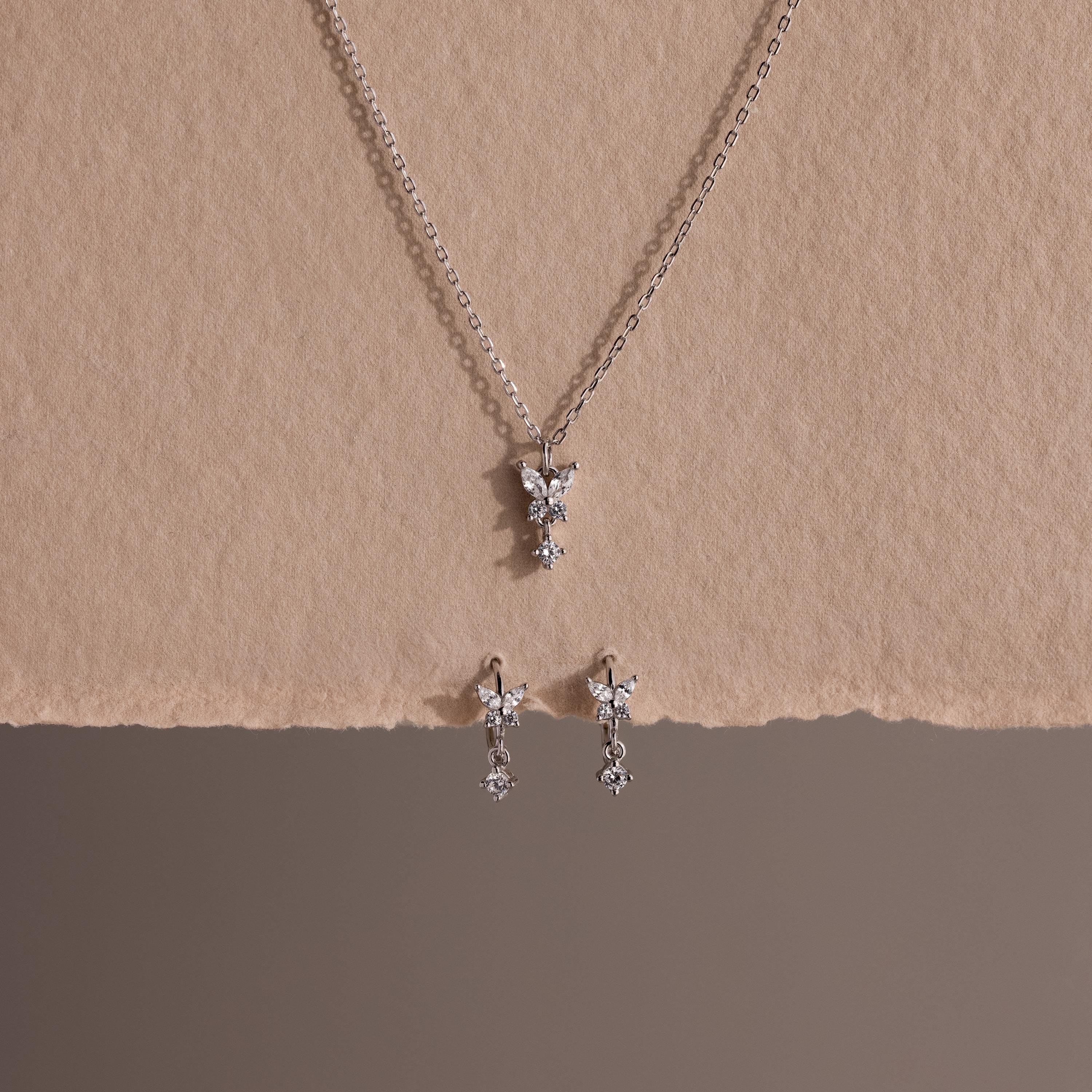 Diamond Butterfly Necklace & Earrings Set in Silver - Image 3