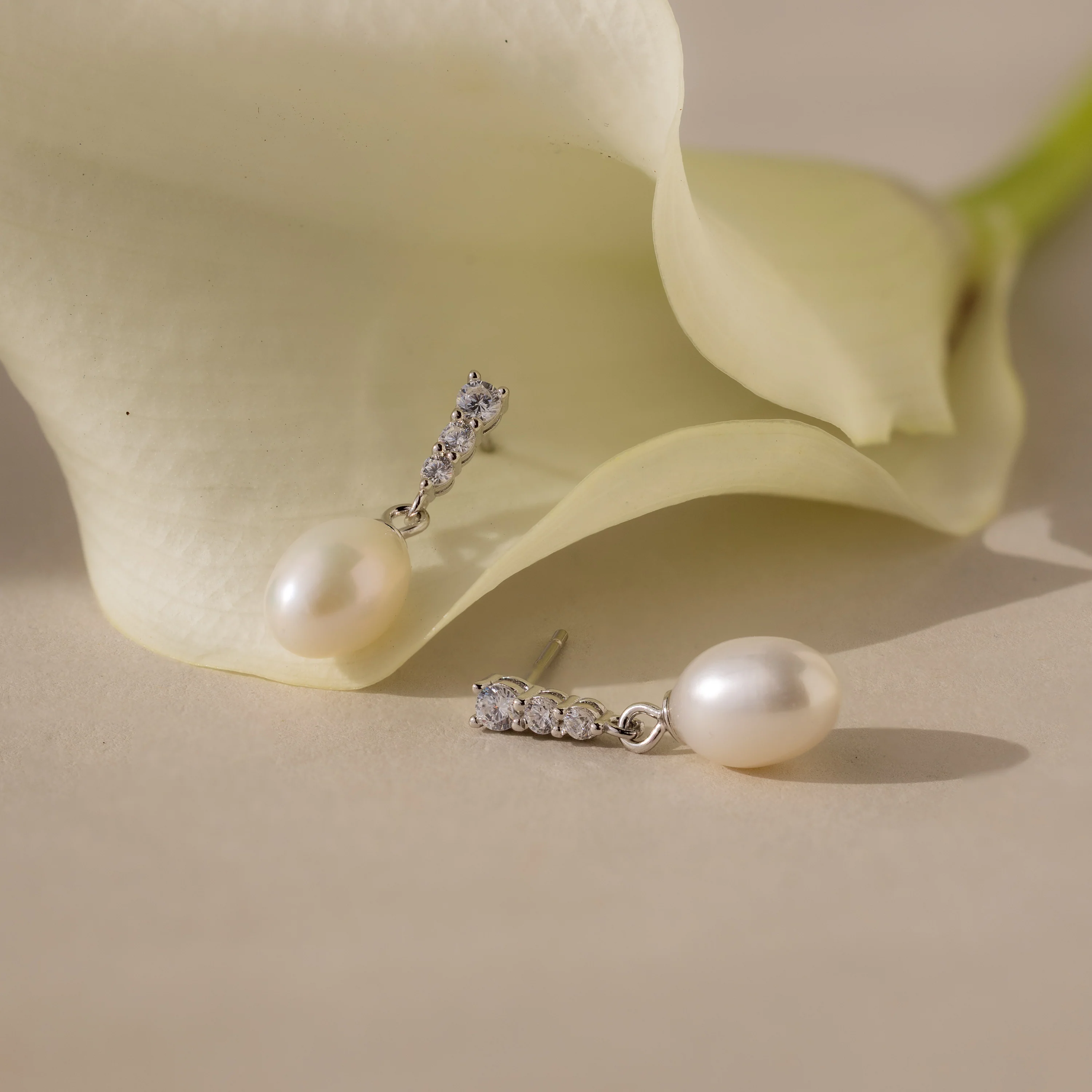 Diamond Pearl Droplet Earrings in Silver - Image 5