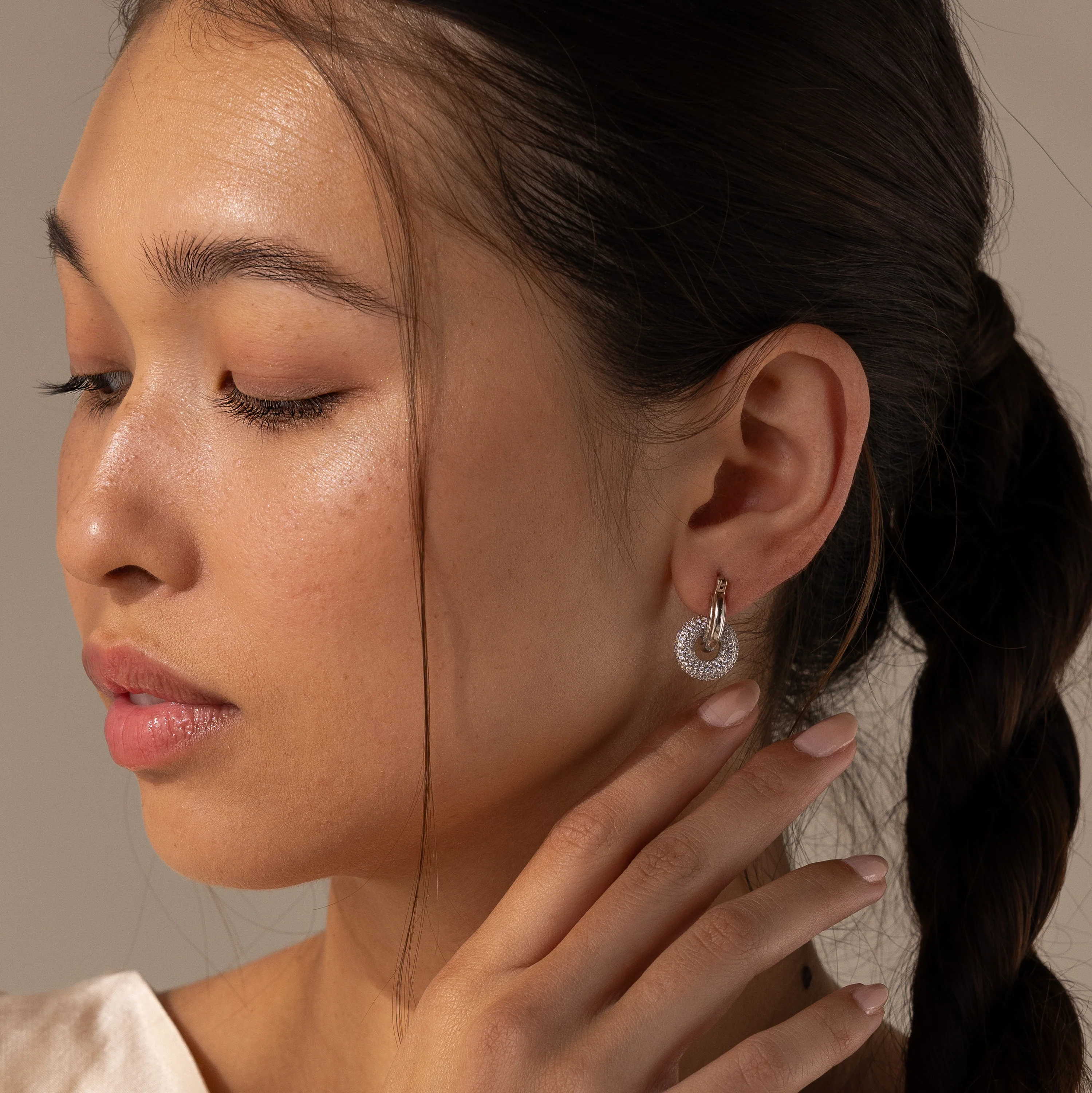 Duo Pave Link Hoops in Silver - Image 3