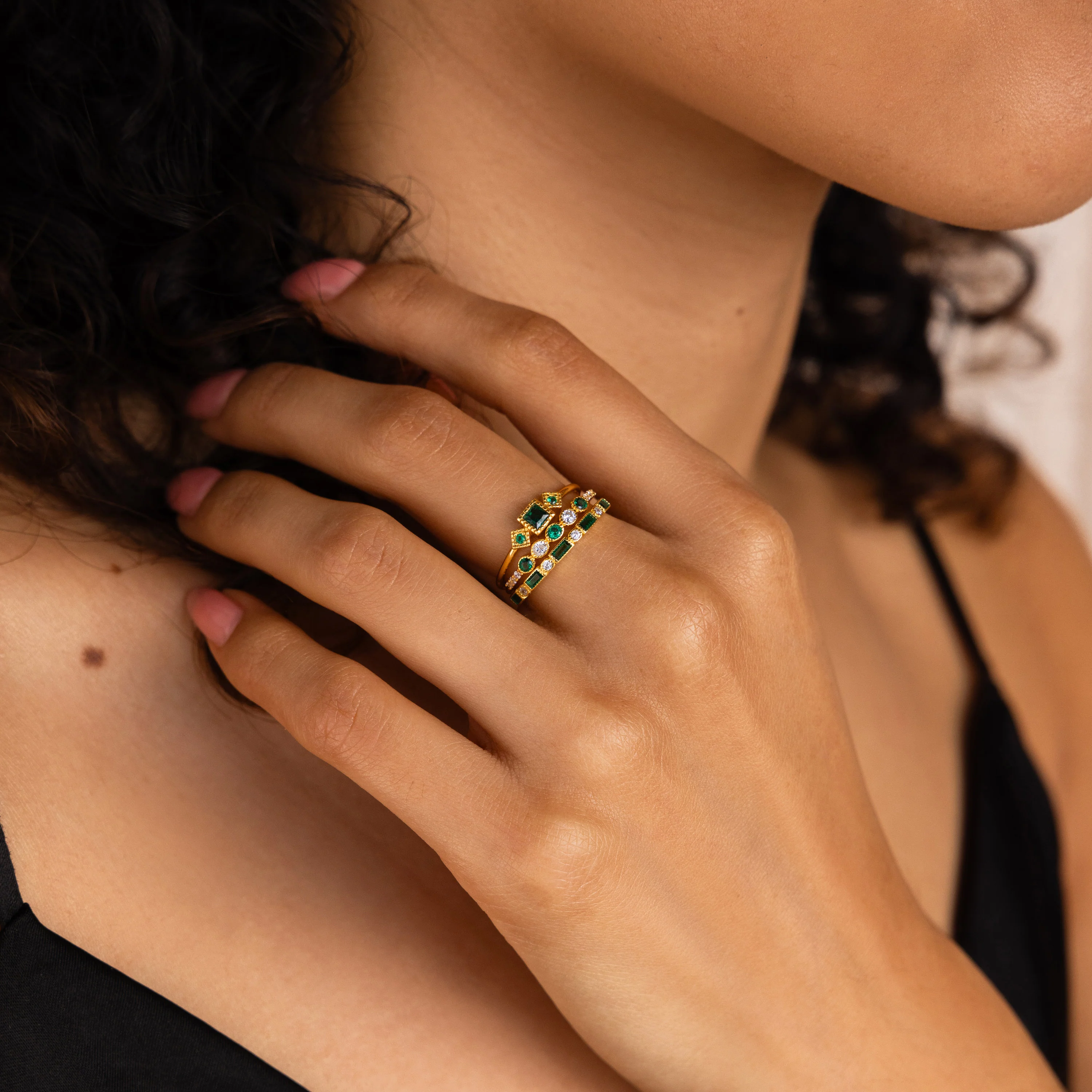Emerald Stacking Ring Set in 18K Gold - Image 4
