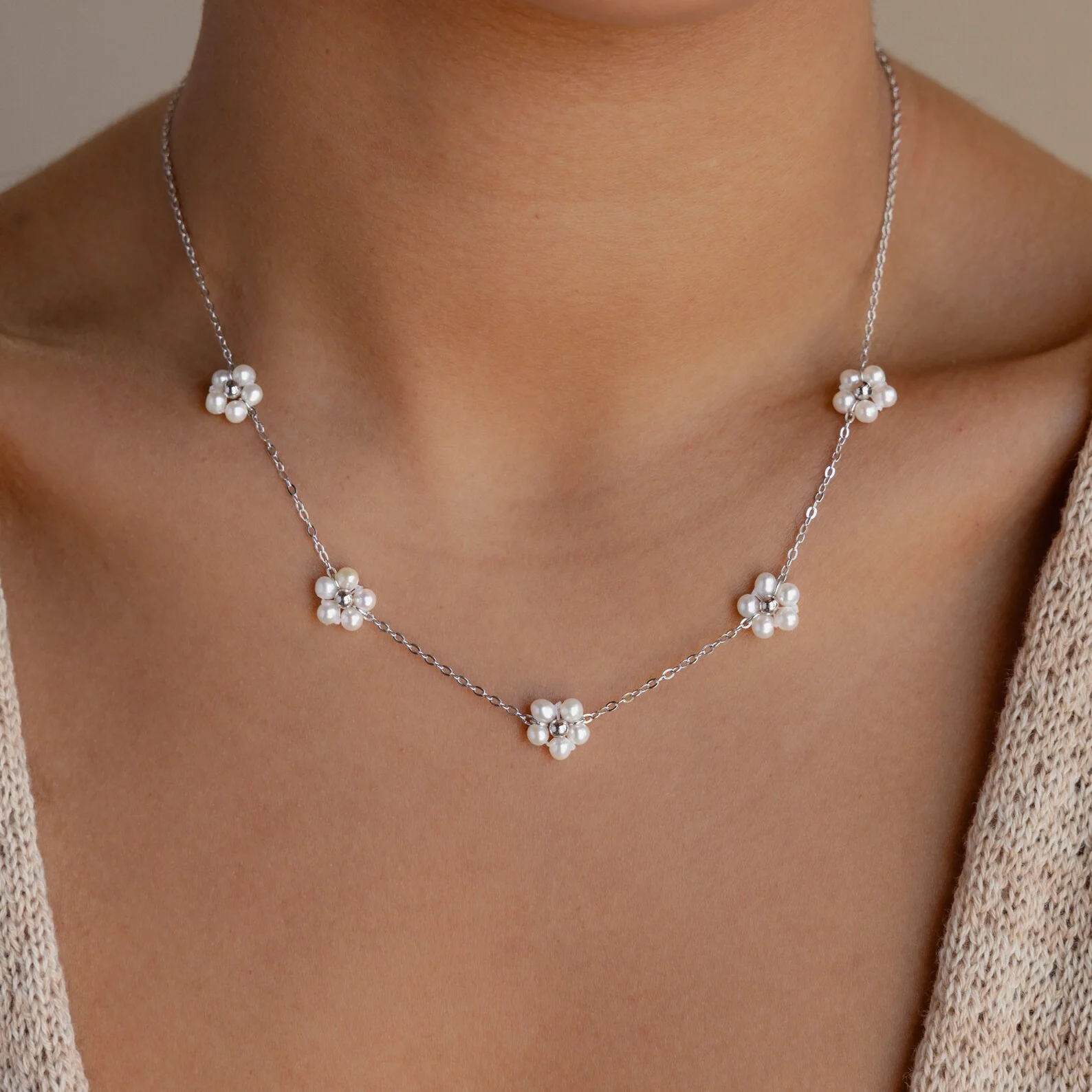 Flower Pearl Station Necklace in Silver - Image 2
