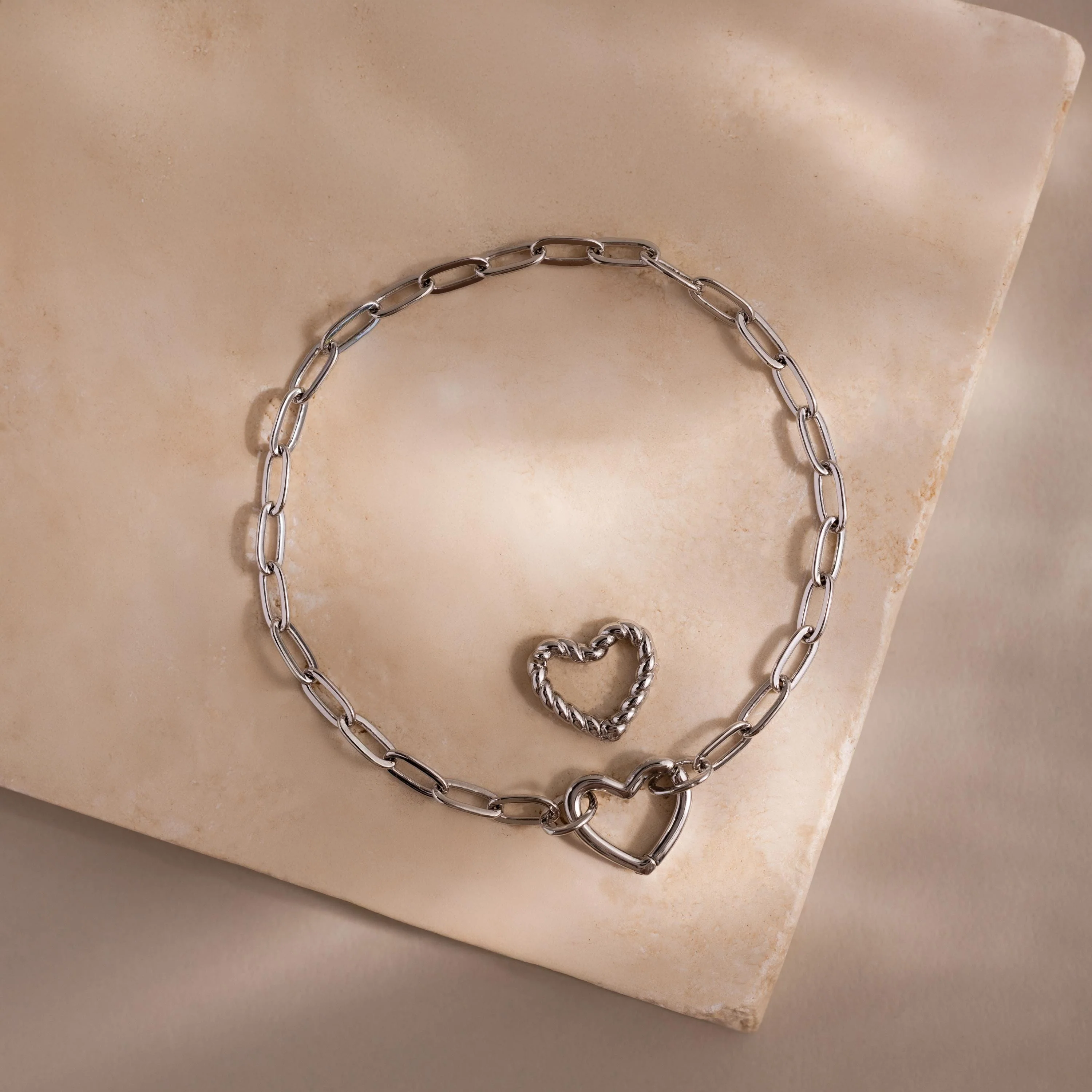 Heart Carabiner Paperclip Bracelet in Silver