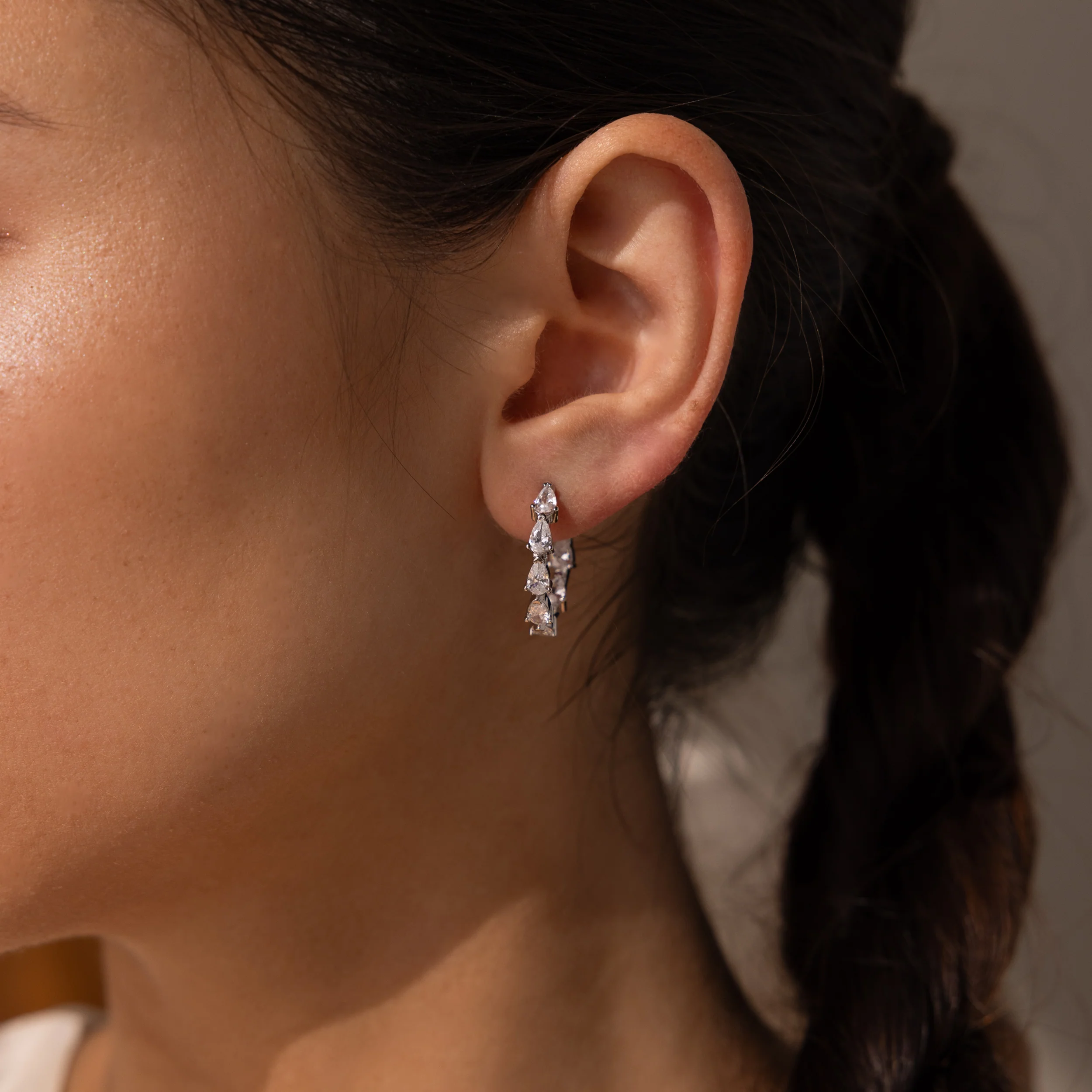Inside Out Pear Diamond Hoops in Silver - Image 2