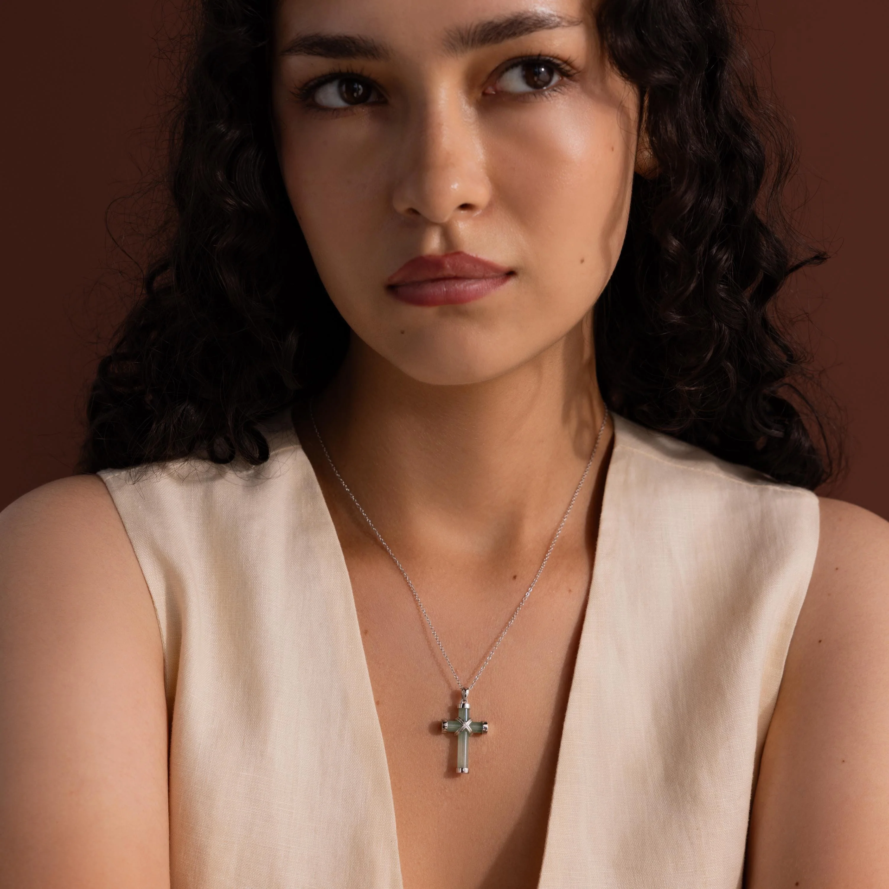 Jade Cross Necklace in Silver - Image 4
