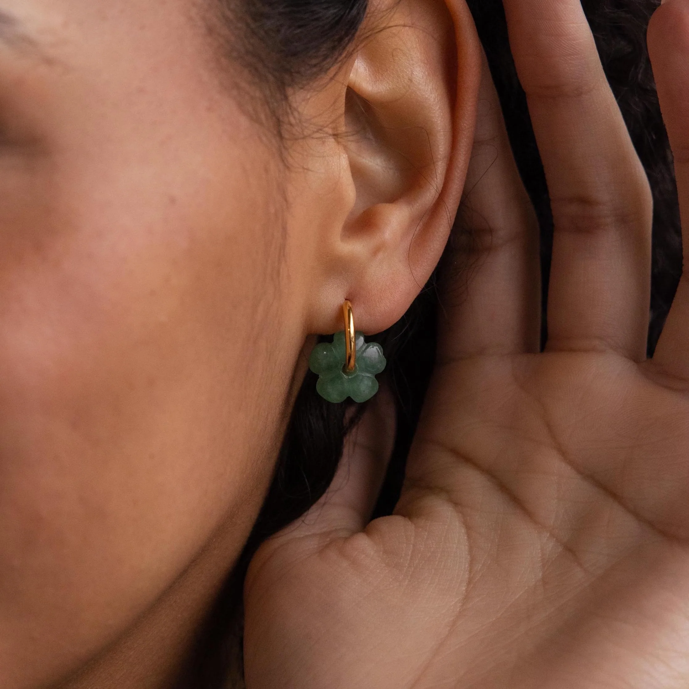Jade Flower Hoops in 18K Gold - Image 2