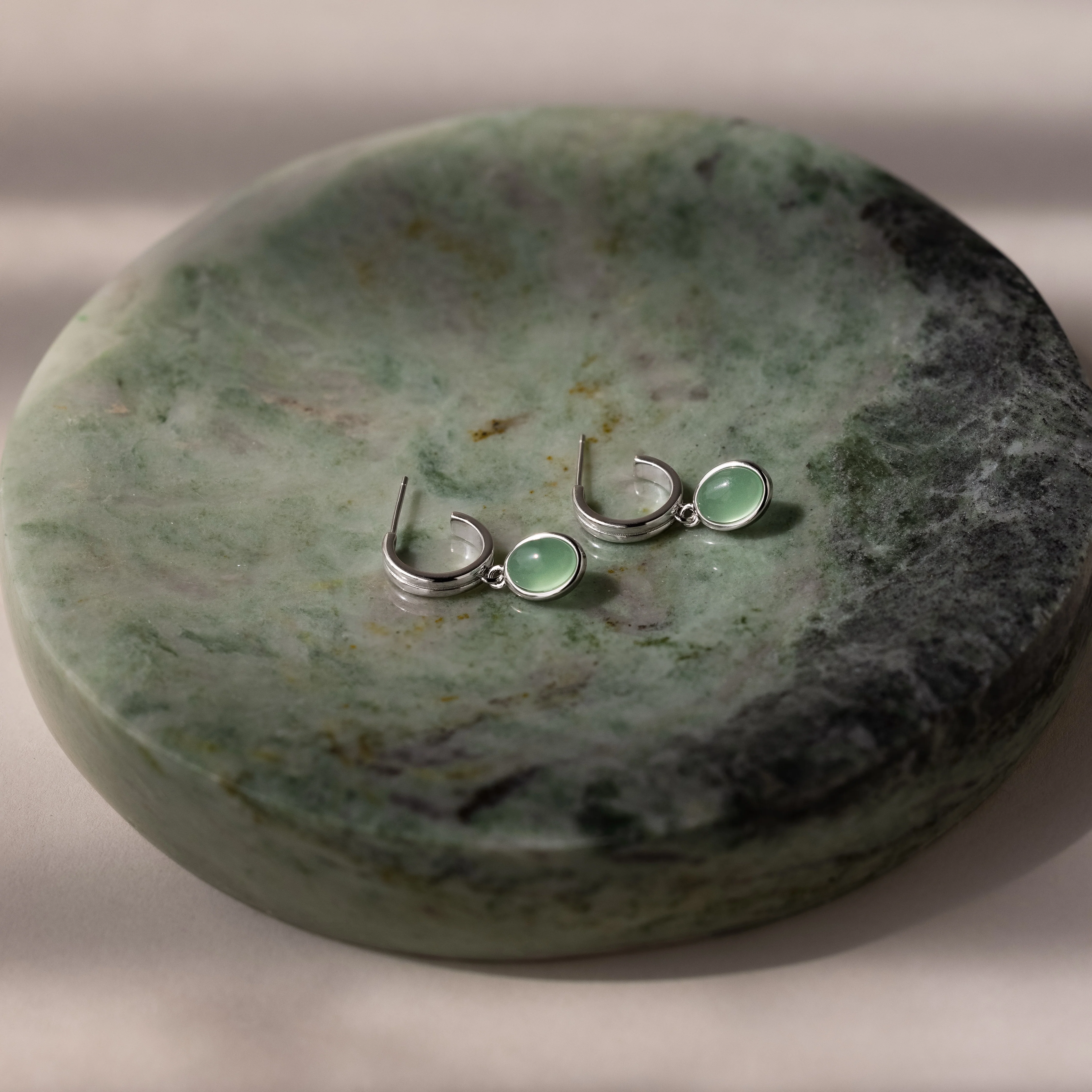 Jade Gemstone Drop Hoops in Silver - Image 3