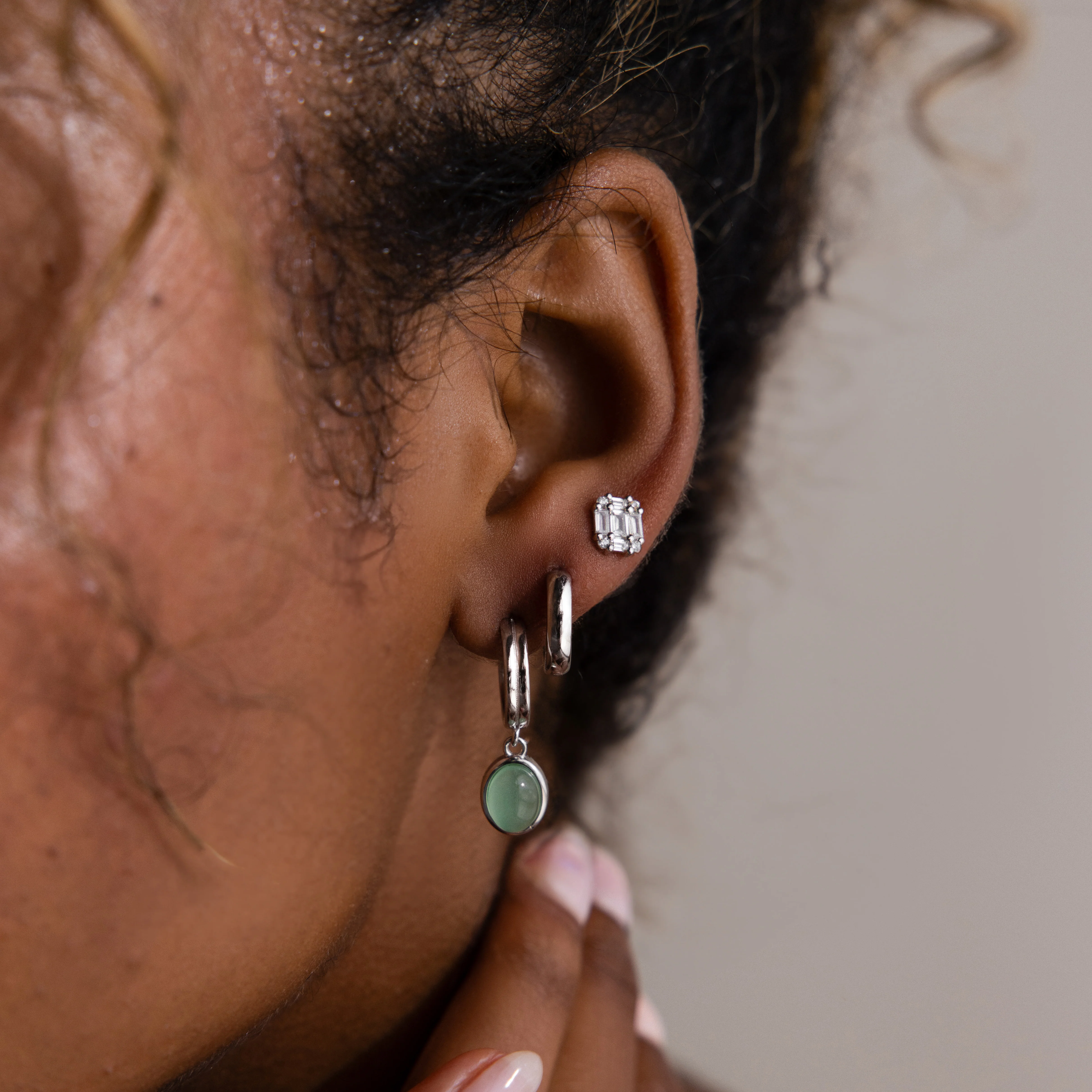 Jade Gemstone Drop Hoops in Silver - Image 4