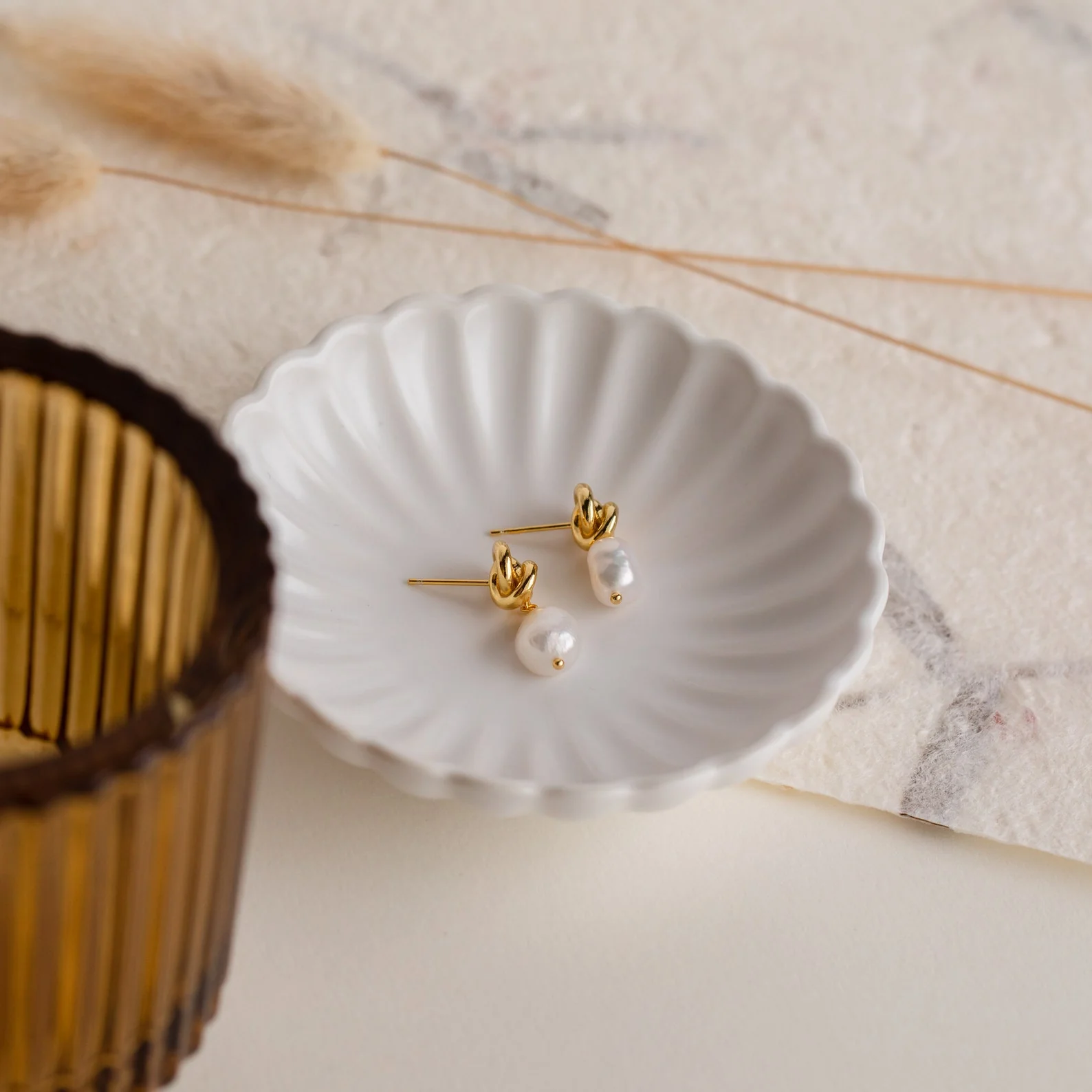 Knot Pearl Drop Earrings in 18K Gold - Image 3