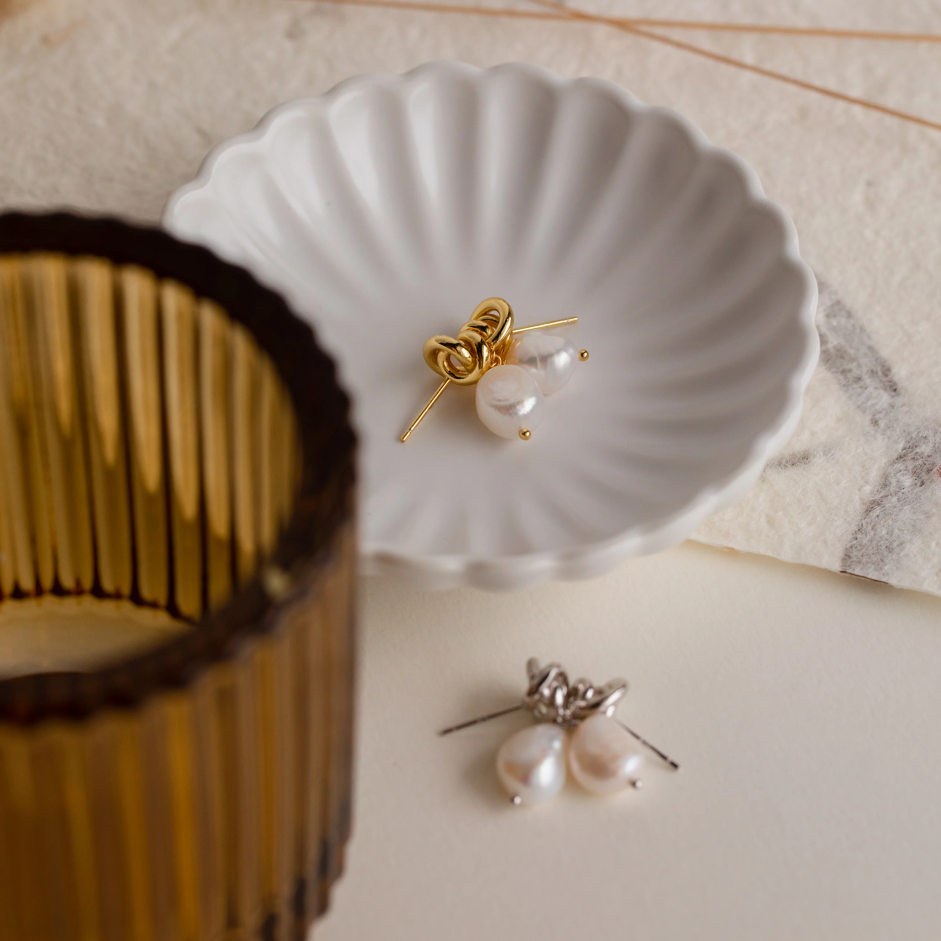 Knot Pearl Drop Earrings in Silver - Image 4