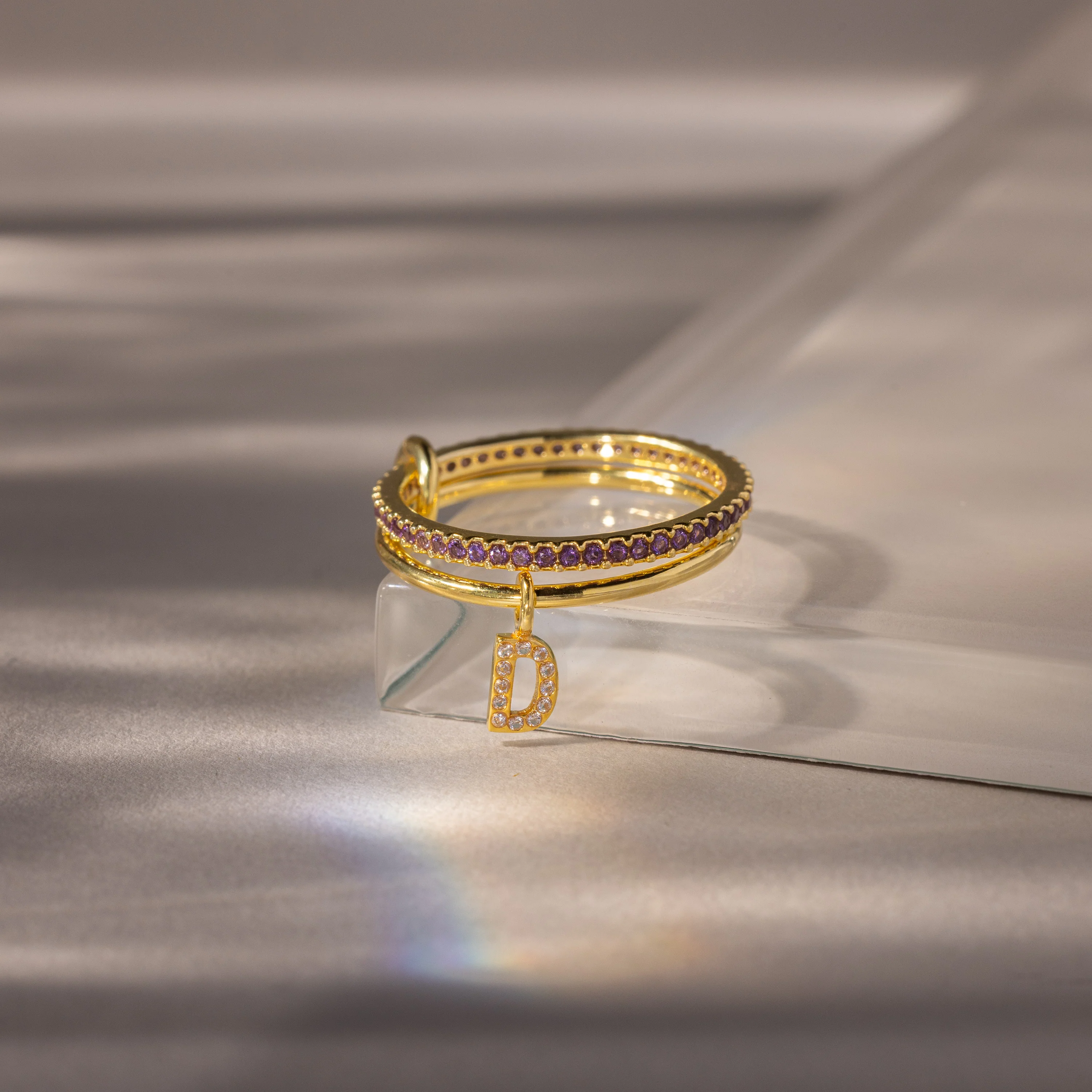 Linked Initial Amethyst Ring Set