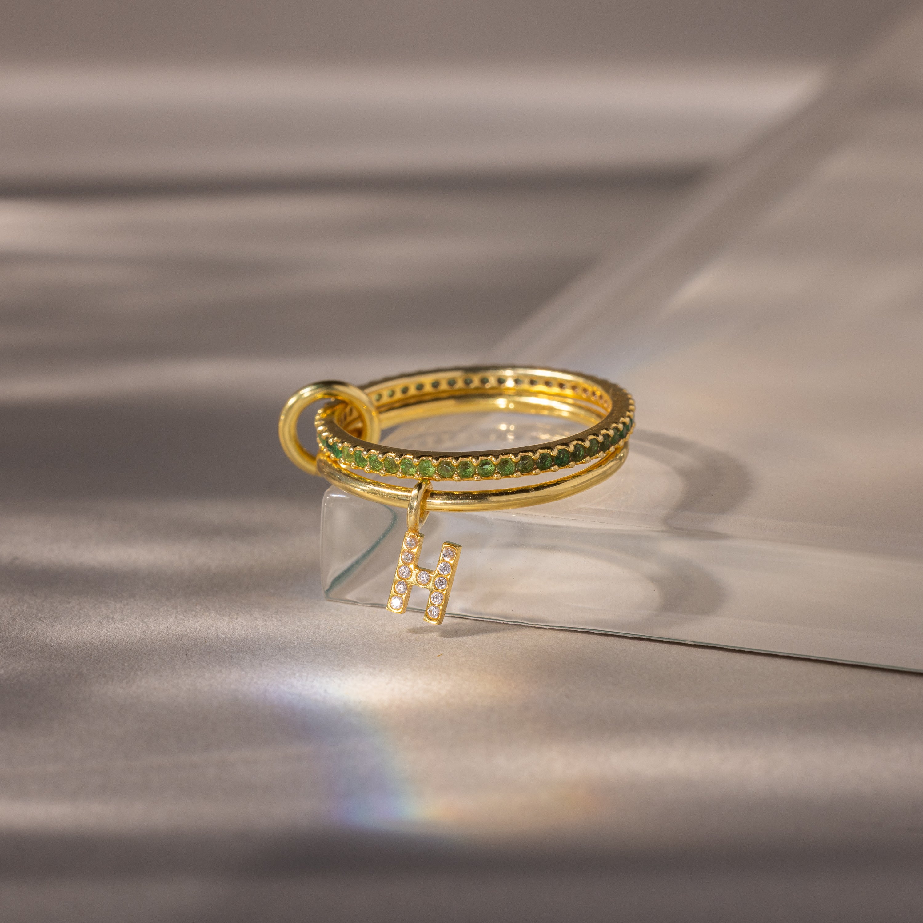 Linked Initial Emerald Ring Set