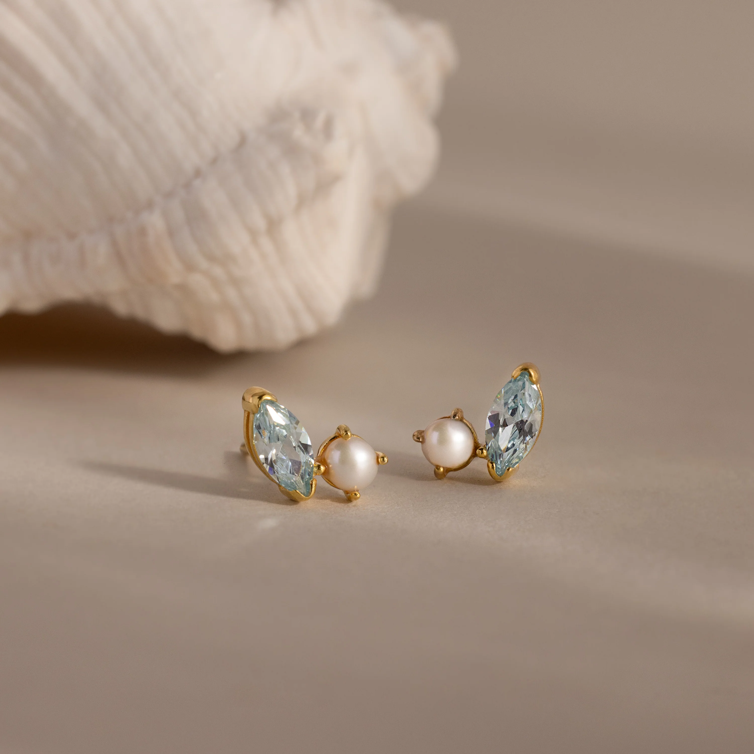 Marquise Aquamarine & Pearl Studs