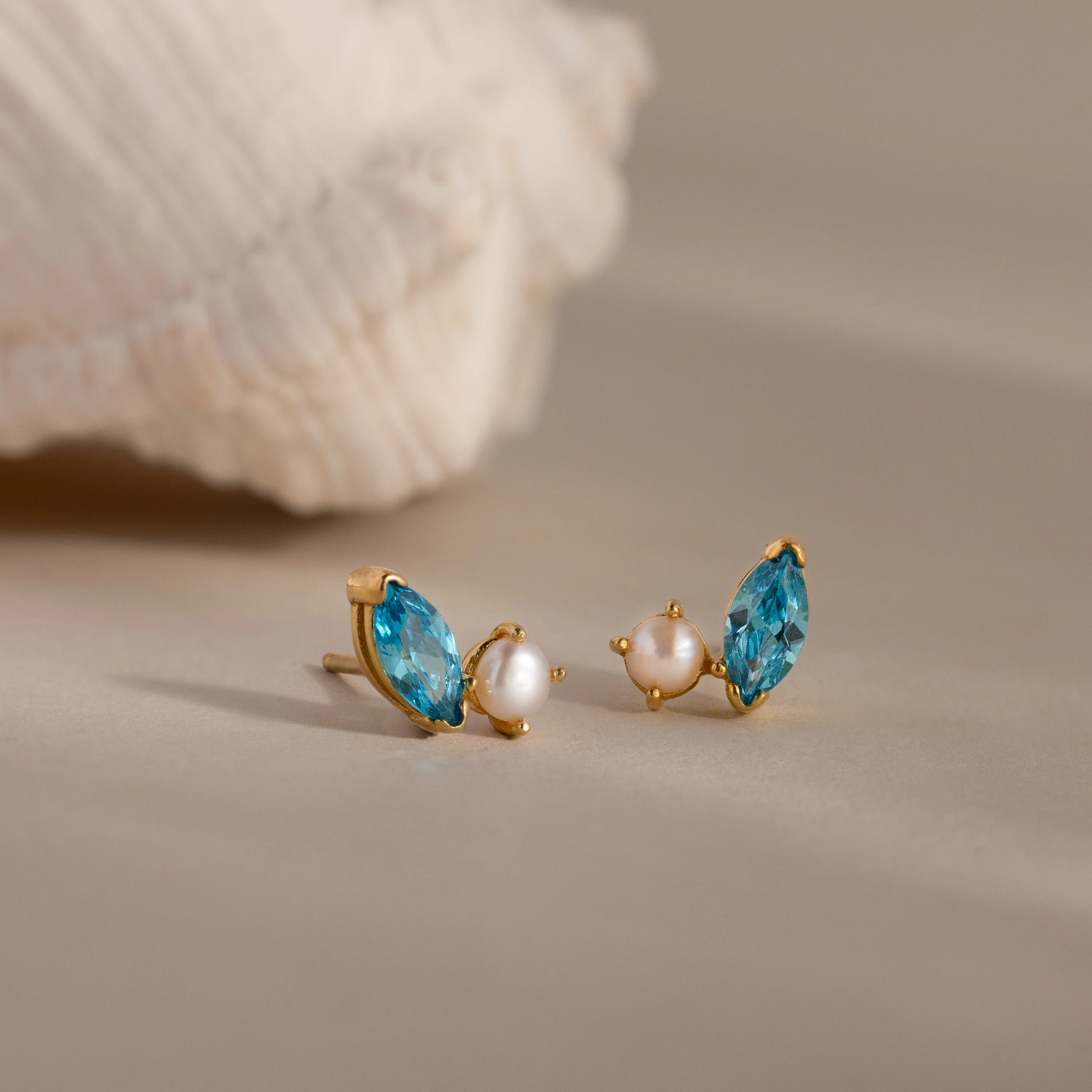 Marquise Blue Zircon & Pearl Studs