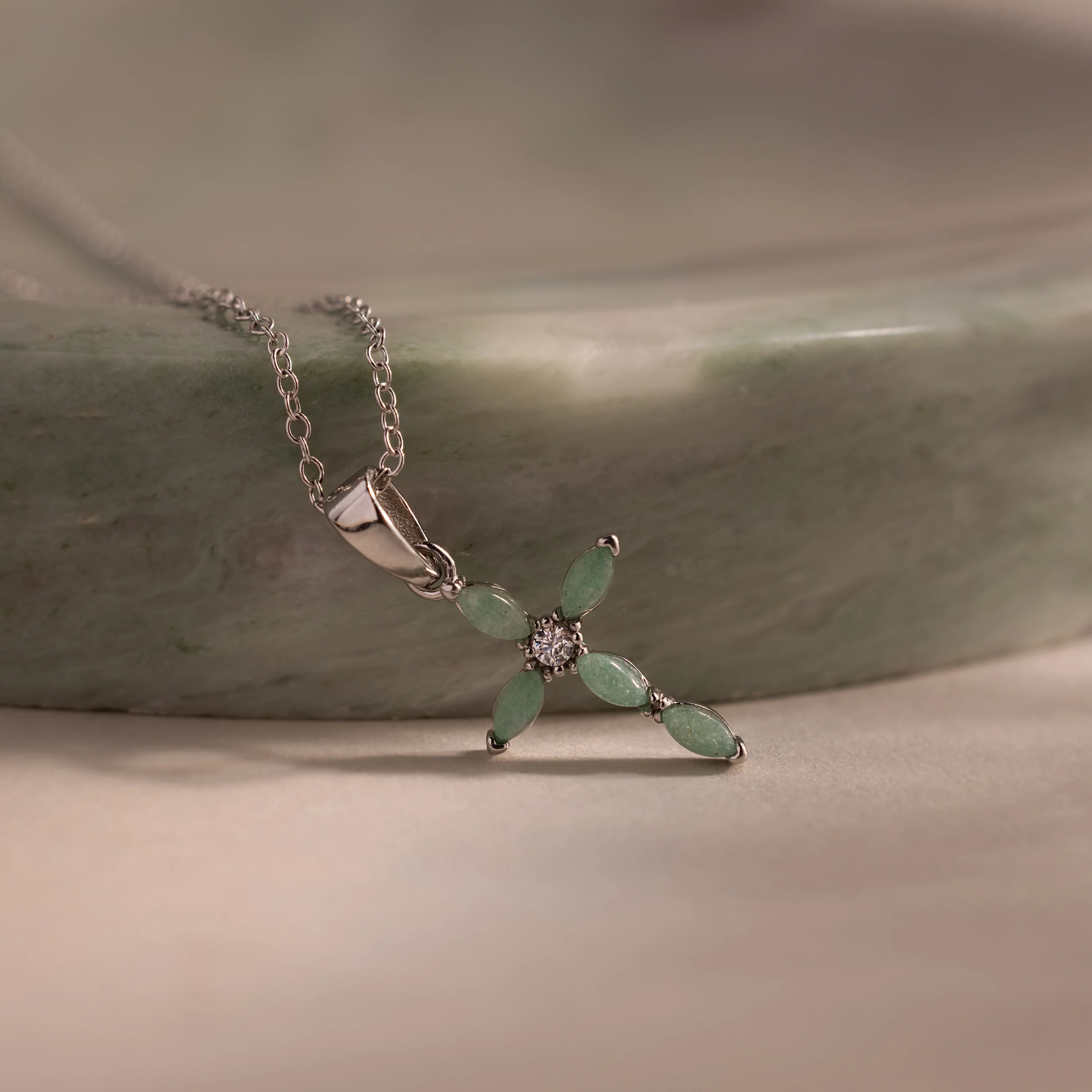 Marquise Jade Cross Necklace in Silver - Image 3