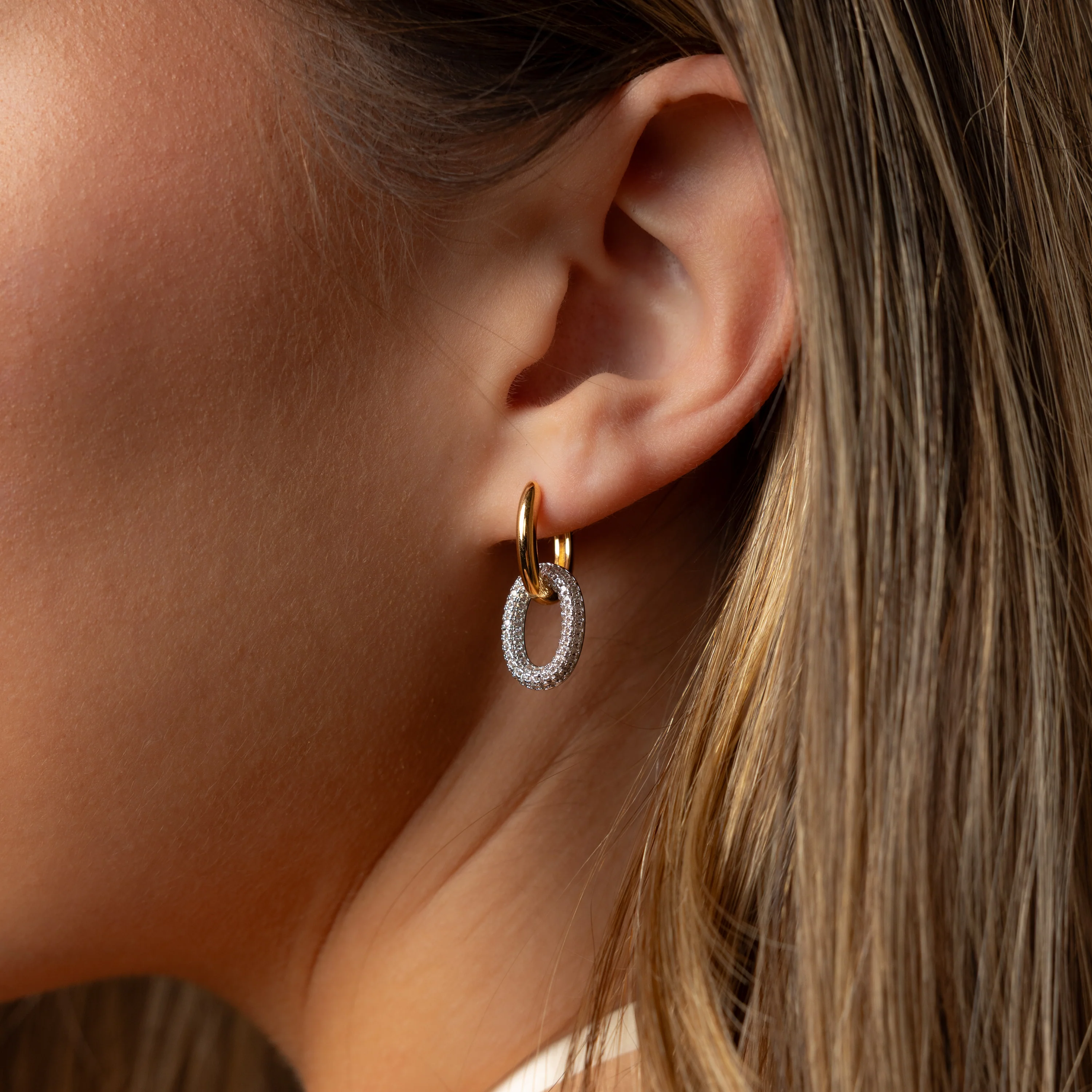 Mixed Metal Linked Pave Hoops - Image 2