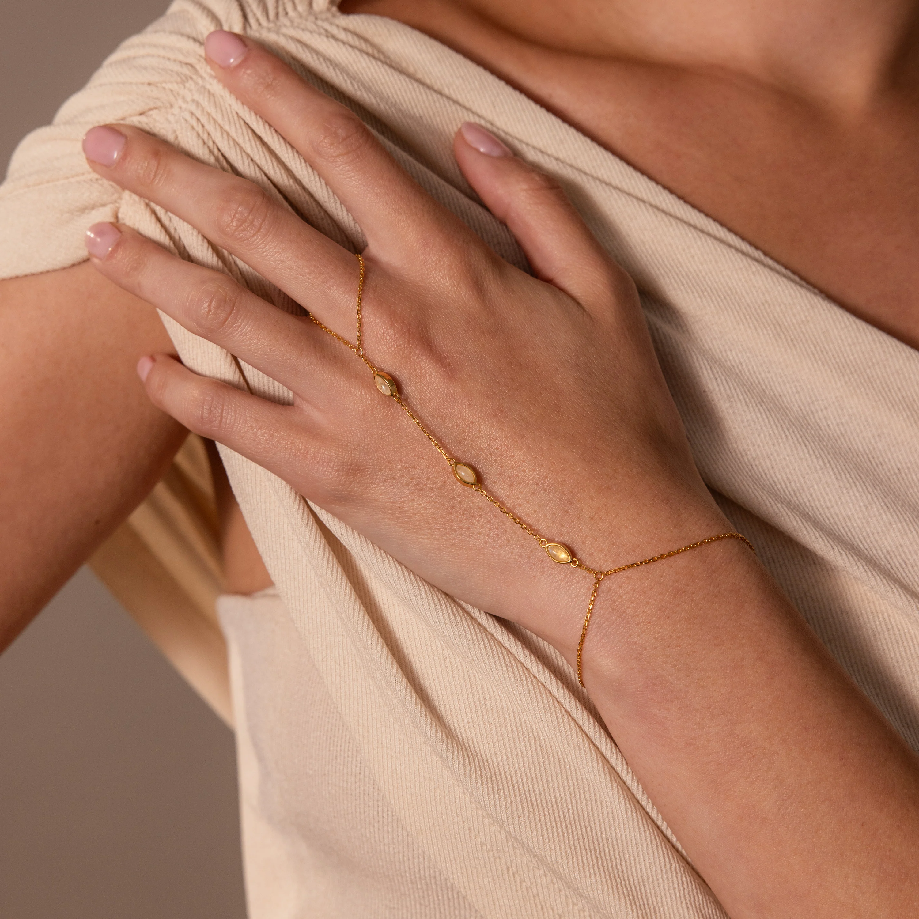 Moonstone Hand Chain Bracelet in 18K Gold
