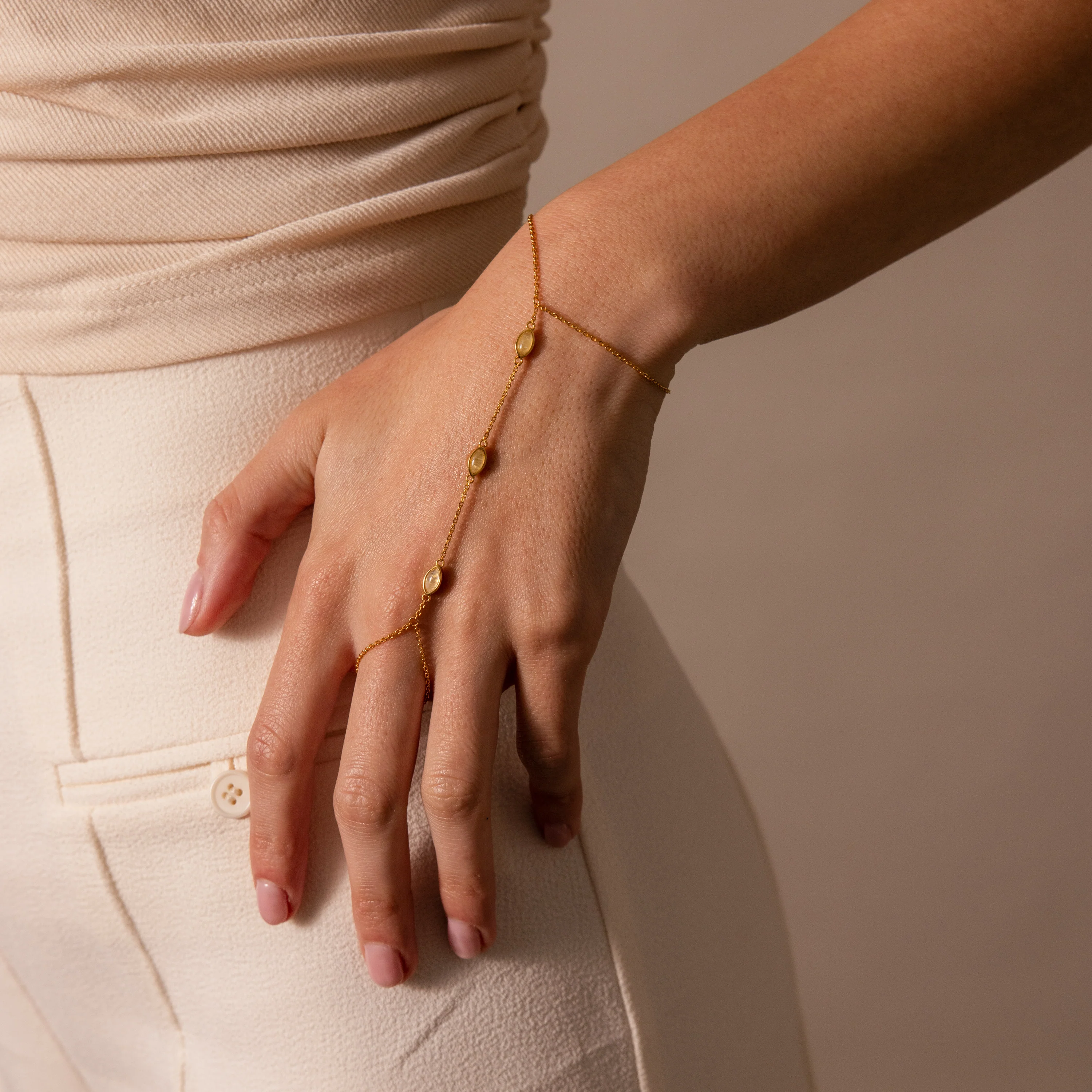 Moonstone Hand Chain Bracelet in 18K Gold - Image 3