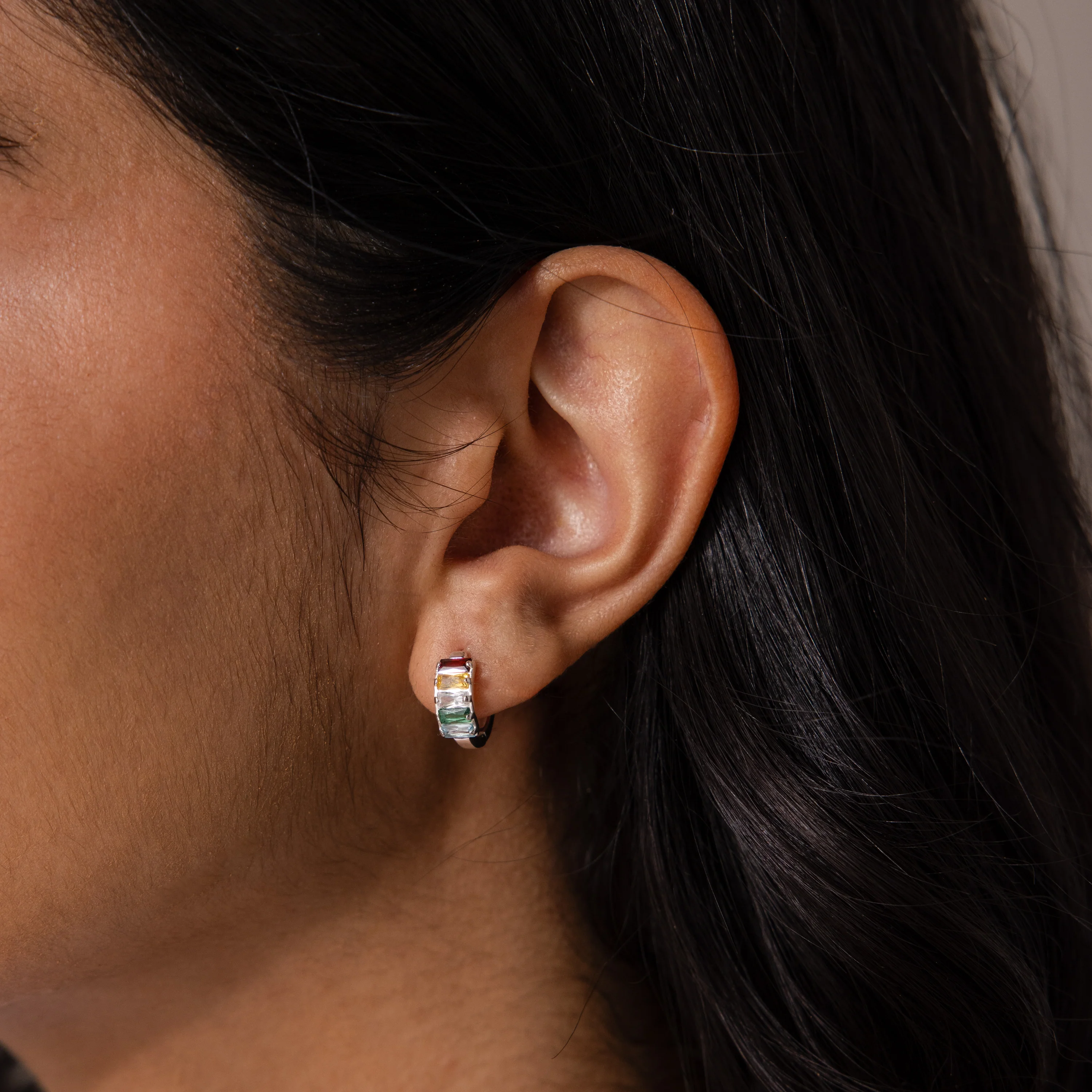 Multiple Baguette Birthstone Huggies in Silver - Image 2