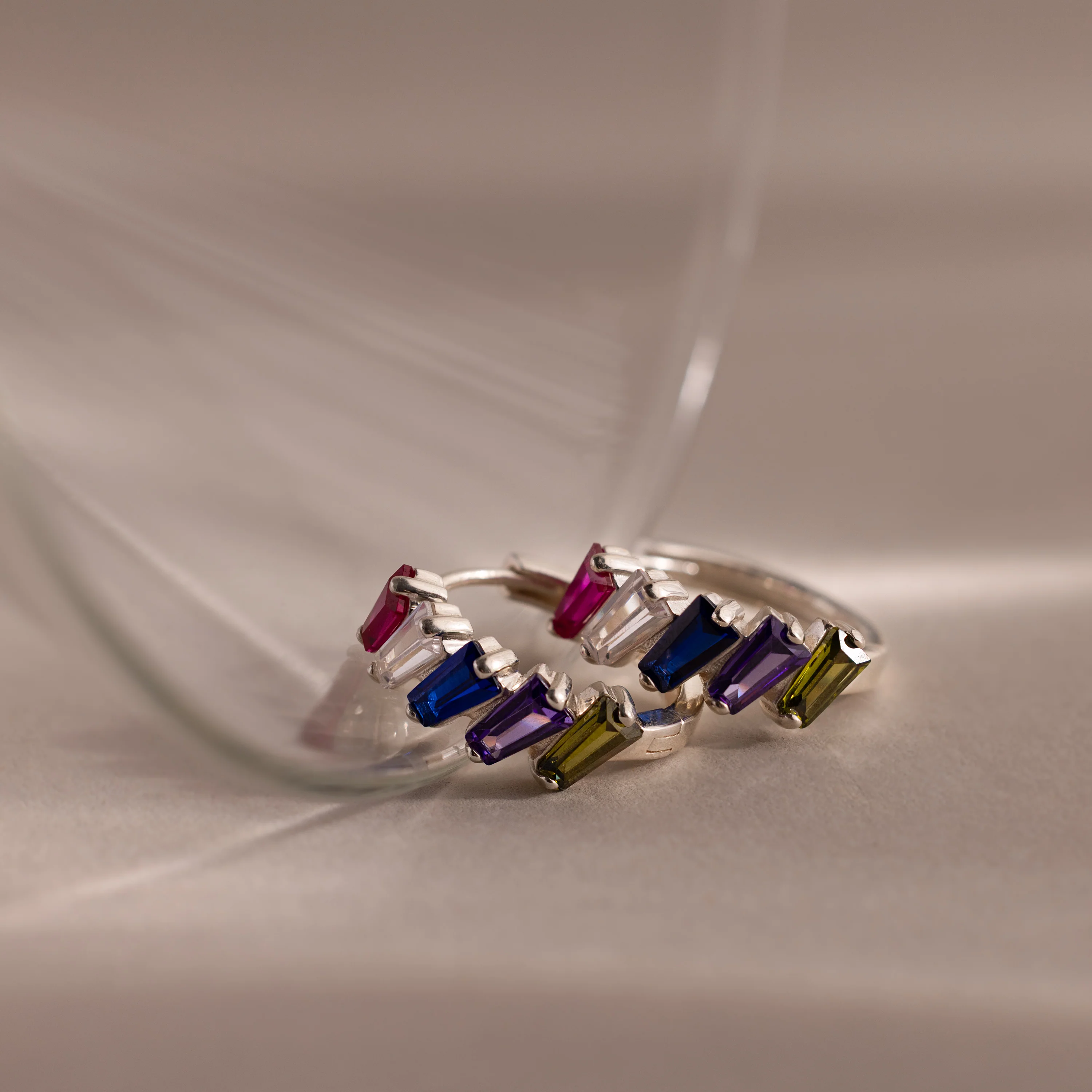 Multiple Tapered Birthstone Huggies in Silver - Image 3