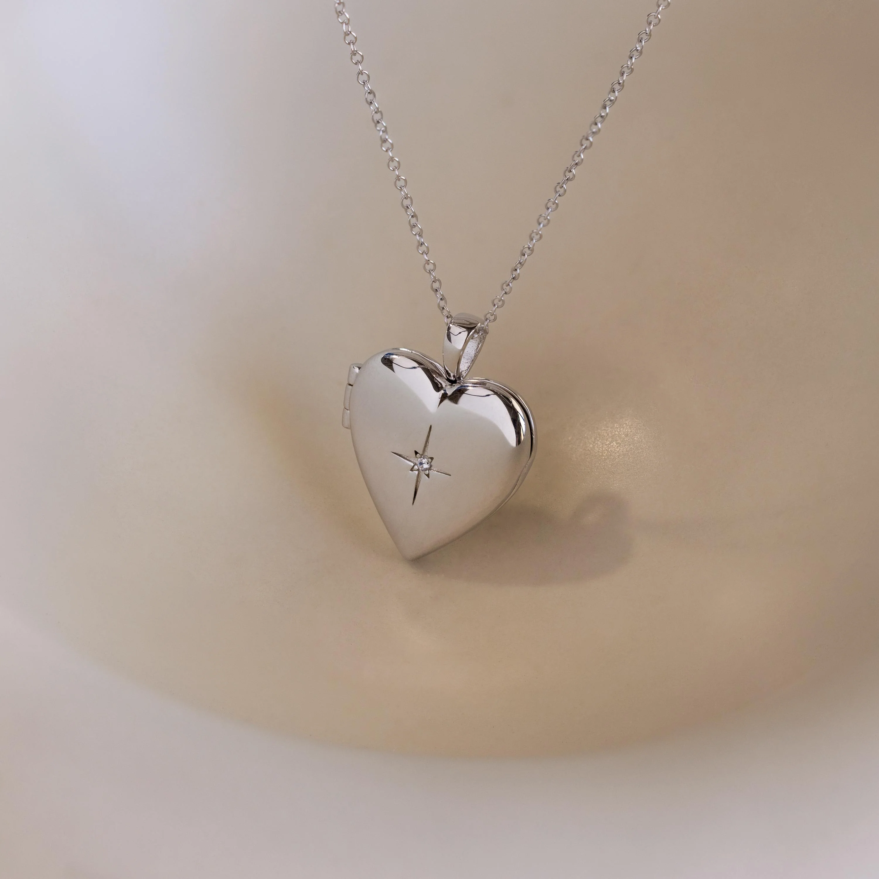 North Star Heart Locket Necklace in Silver