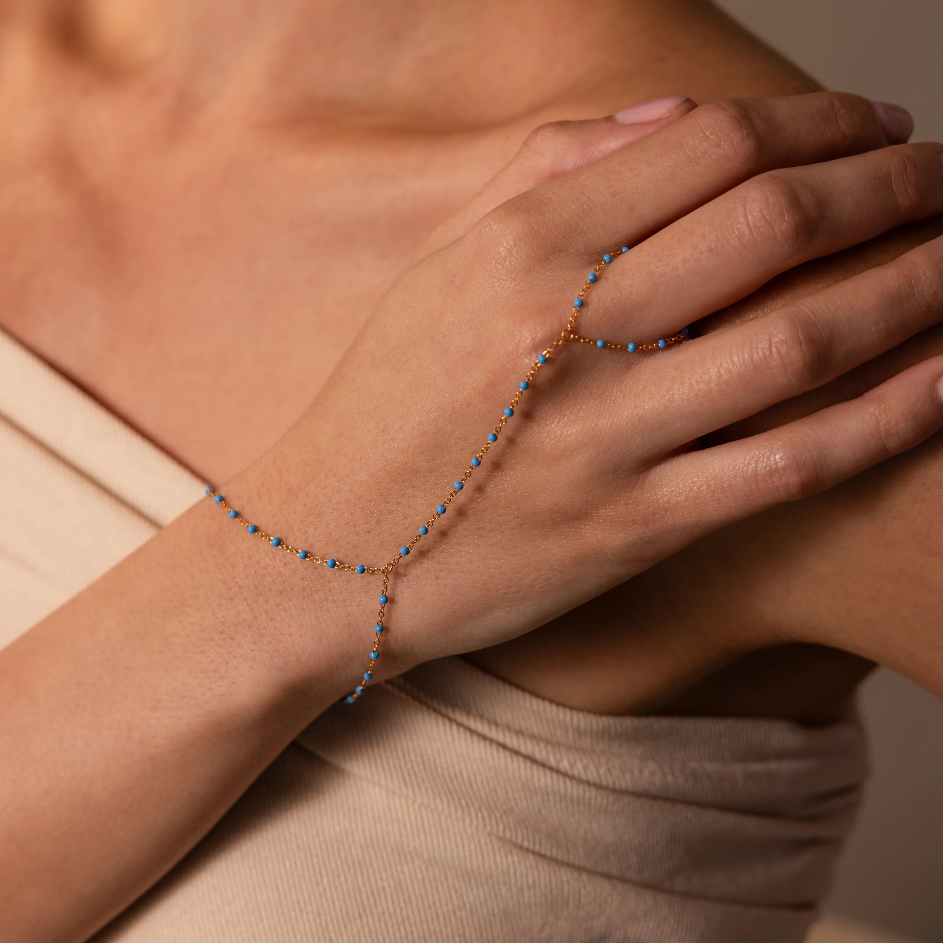 Ocean Beaded Hand Chain Bracelet