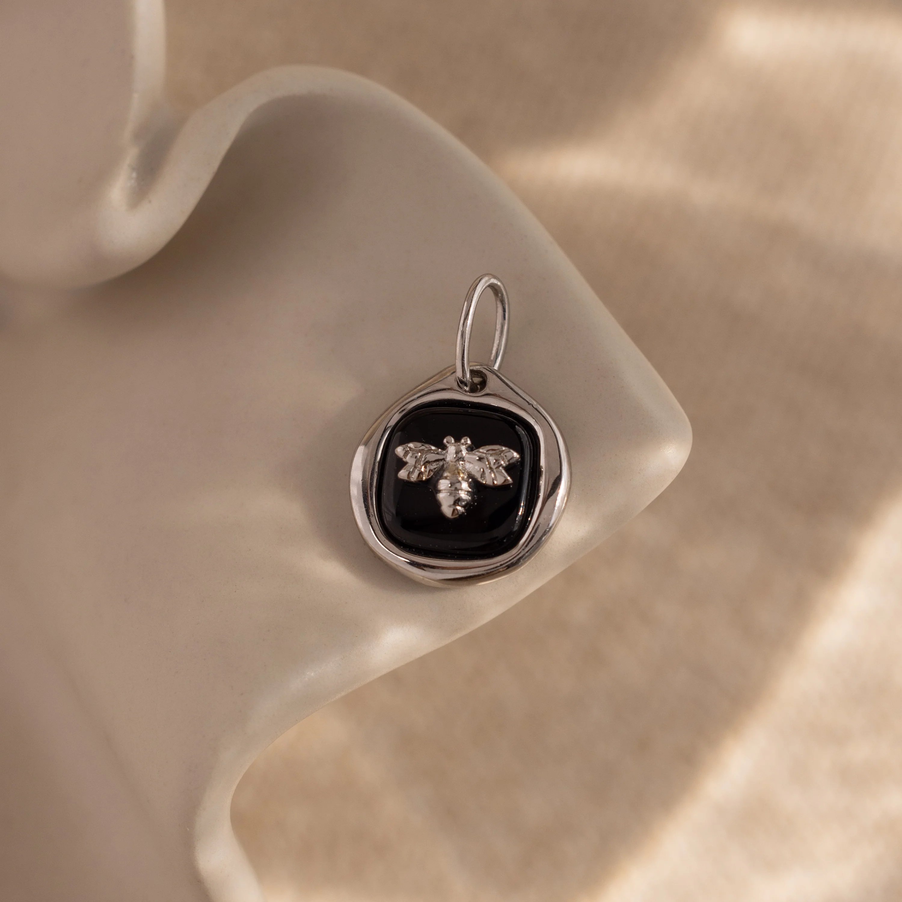 Onyx Honeybee Charm in Silver