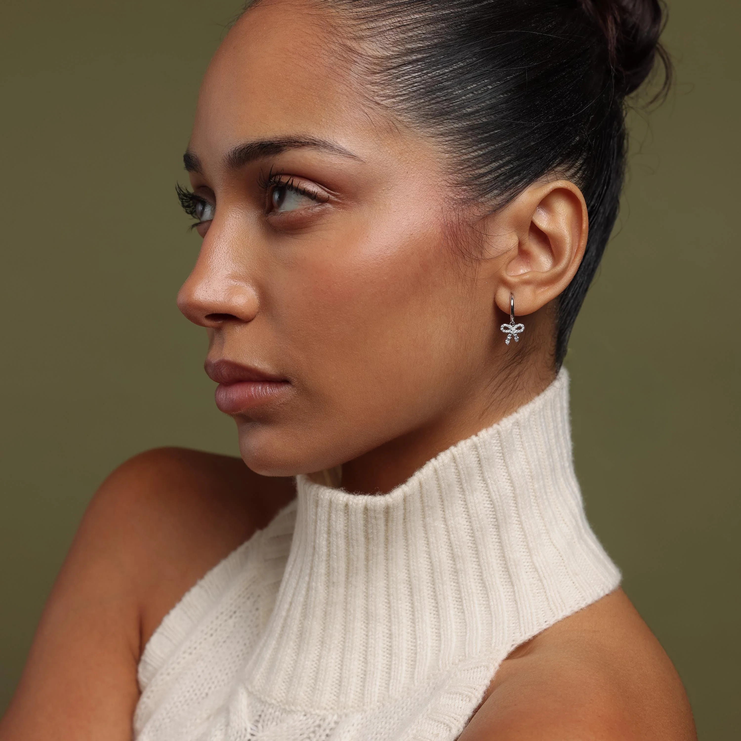 Pave Bow Charm Hoops in Silver - Image 4