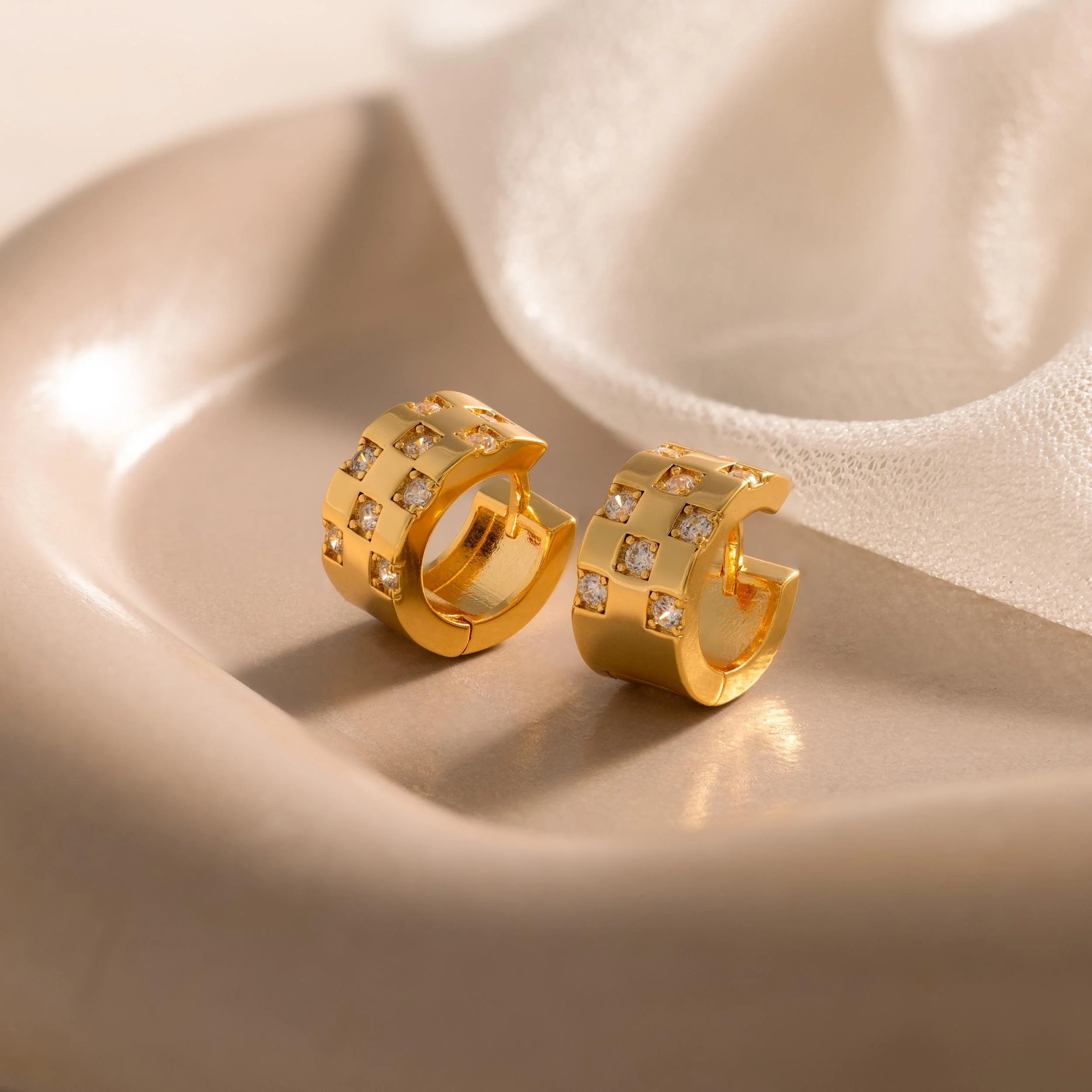 Pave Checkered Huggies in 18K Gold - Image 3