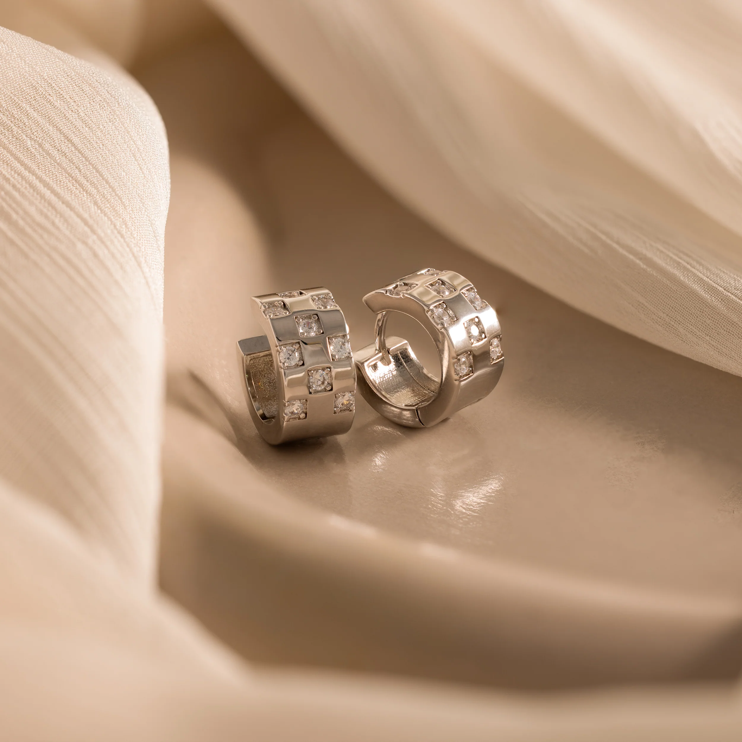 Pave Checkered Huggies in Silver - Image 3